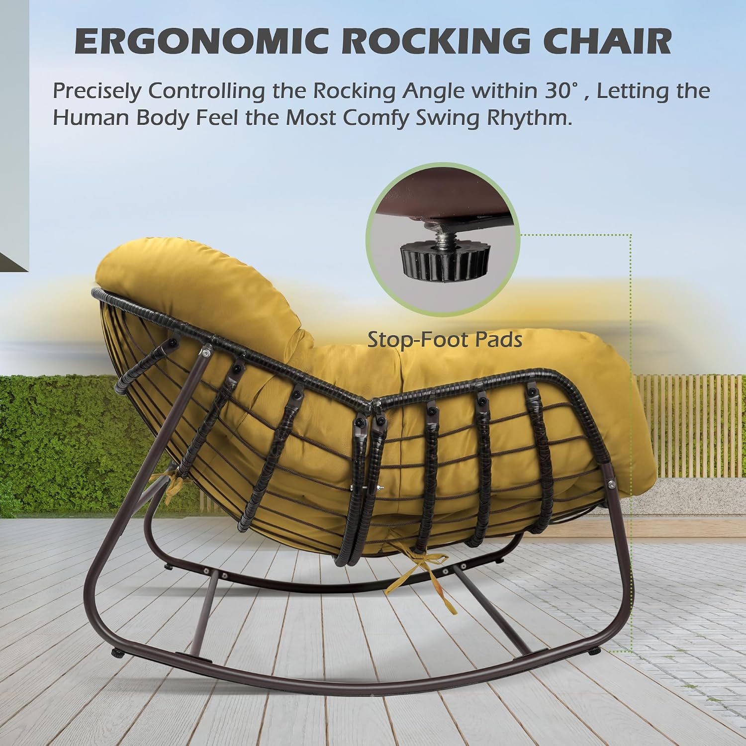 Papasan Rocking Chair, Oversized Papasan Chair with Cushion and Frame for Indoor& Outdoor,Egg-Shaped Patio Rocking Chair for Garden, Deck, Living Room, Yellow