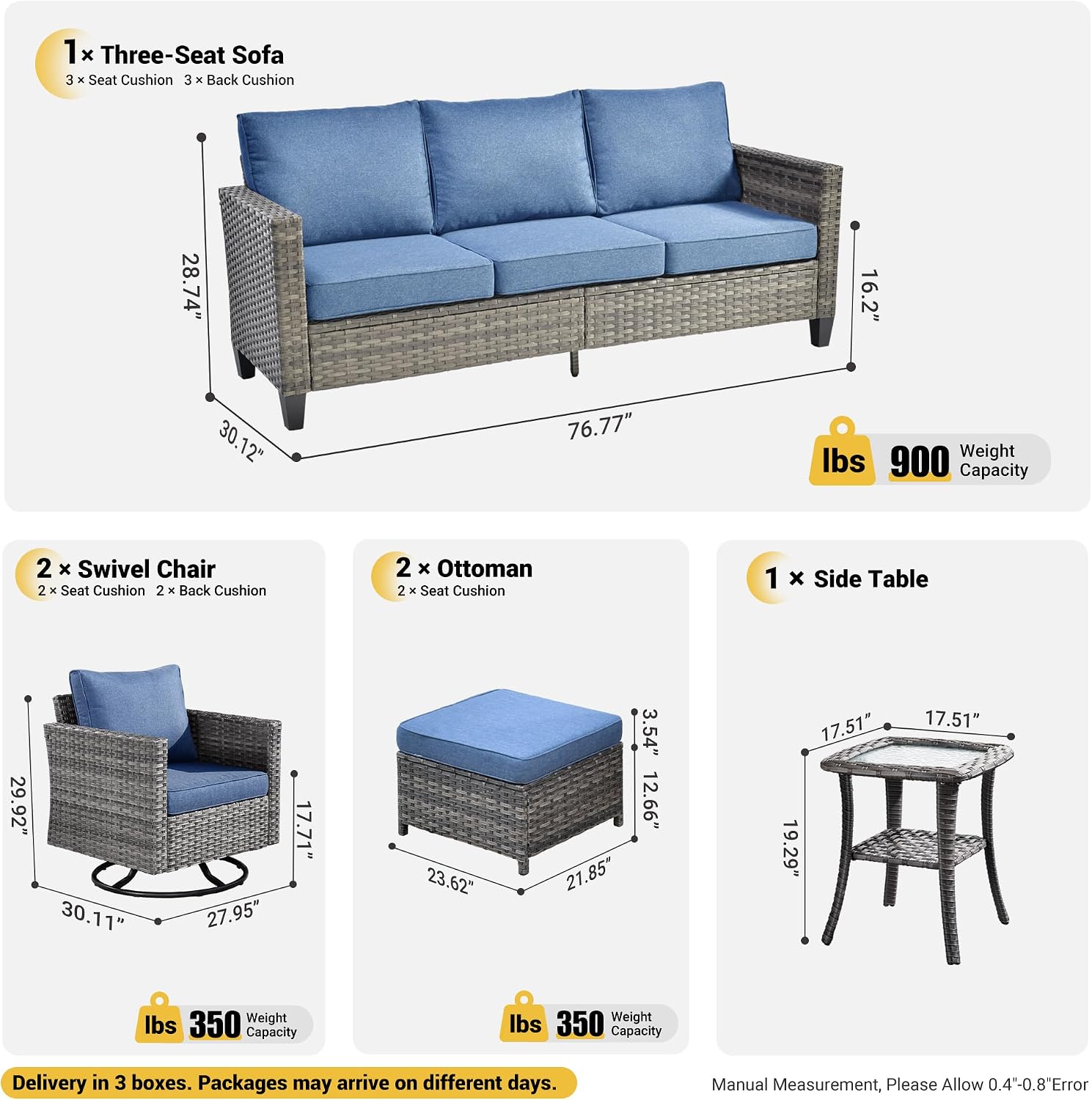 ovios 6-Pieces Patio Furniture Set, Outdoor Wicker Sofa Couch with Swivel Glider Chairs Comfy Cushions, Modern Conversation Set for Backyard Porch, Denim Blue