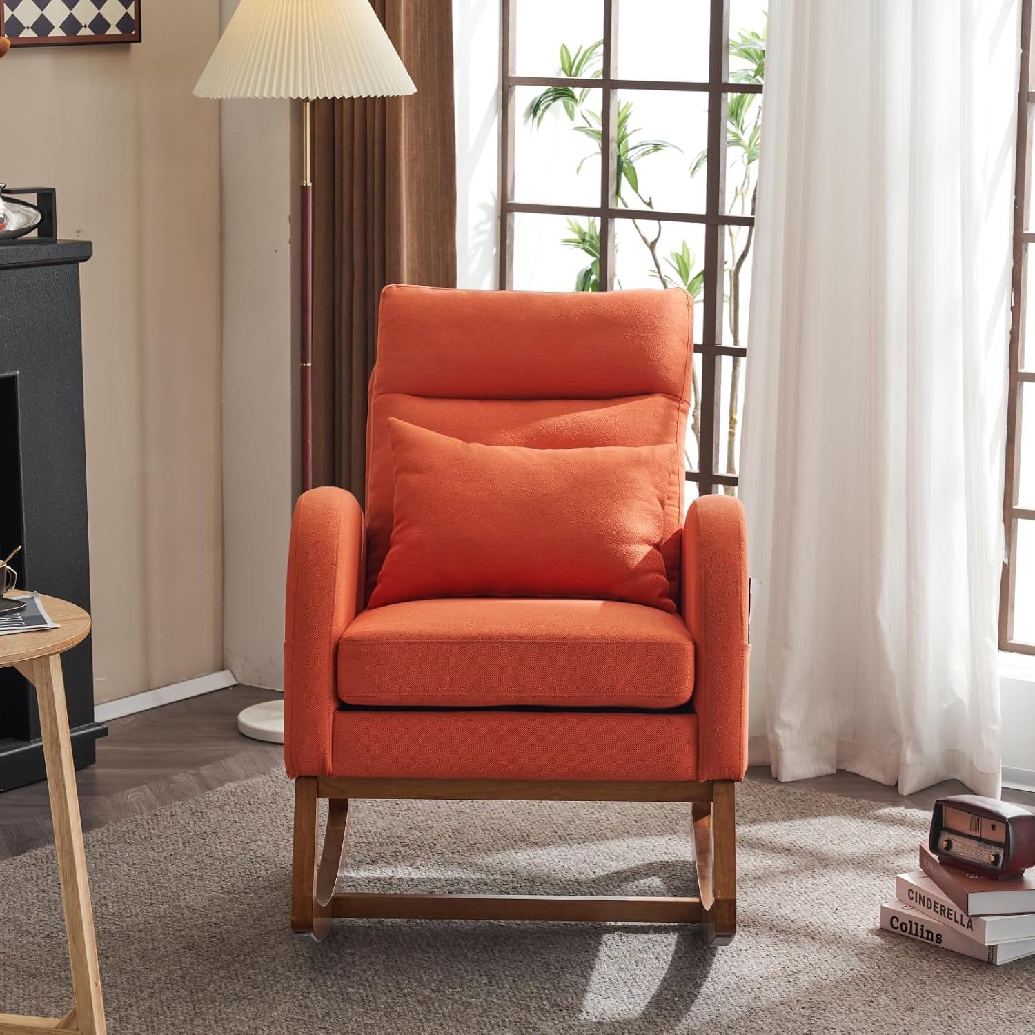 VINGLI Orange Linen Rocking Chair Nursery with Thick Headrest, Upholstered Mid-Century Modern Nursing Rocker Glider with Curved Armrest, Sturdy Solid Wood Base for Living Room, Bedroom, Baby Room
