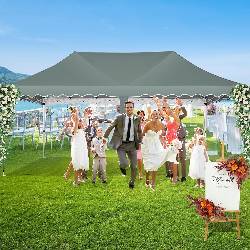 HOTEEL 10x20 Pop up Canopy Tent Without Sidewall Easy Up Commercial Outdoor Wedding Party Tents for Parties All Season Wind & Waterproof Gazebo Roller Bag, Gray