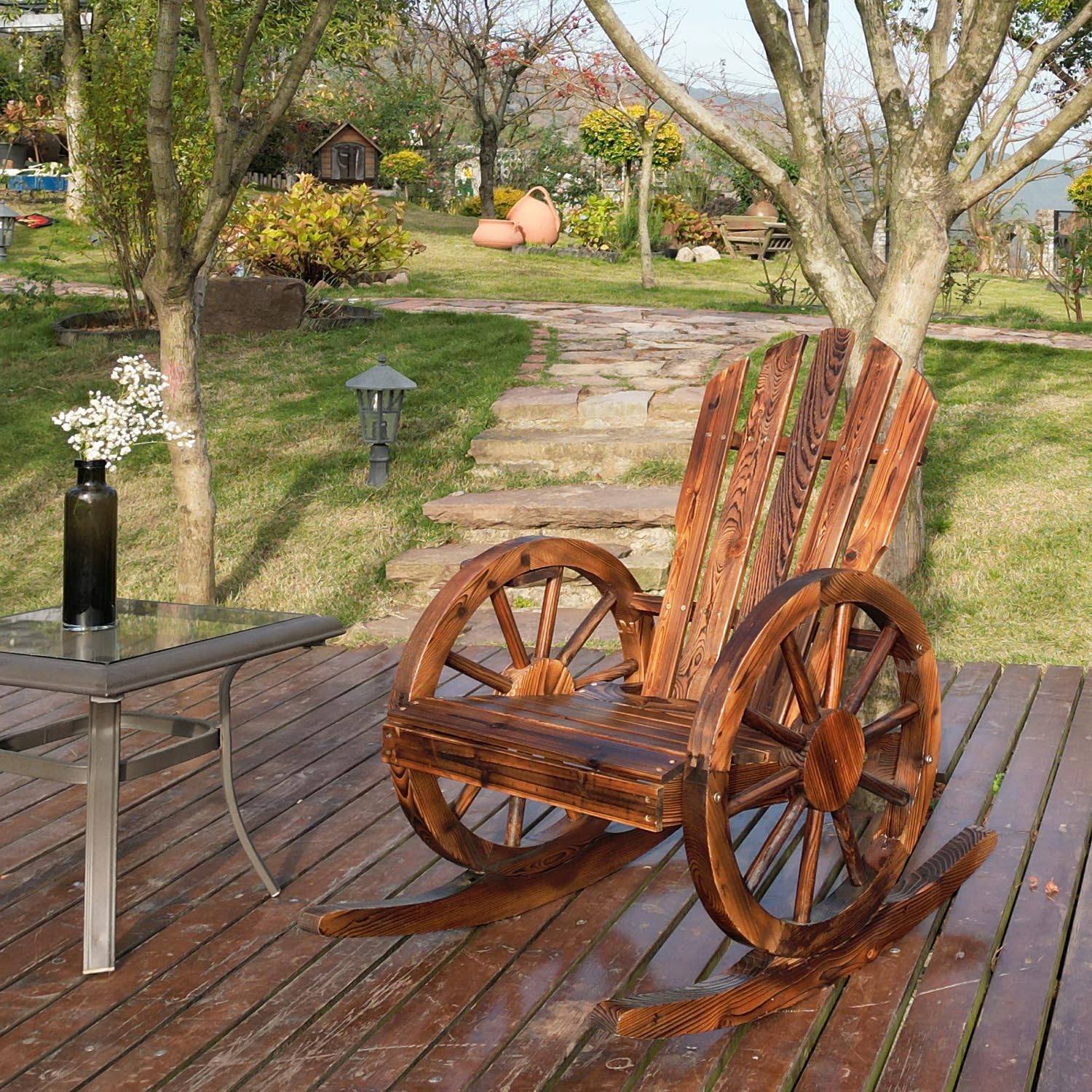 Spurgehom Outdoor Wooden Rocking Chair, Yard Glider Rocking Chairs Patio Decor Wood Rocker with Slatted Design, Adirondack Rocking Chair for Porch Lawn Garden Balcony Poolside, Brown（2PC）