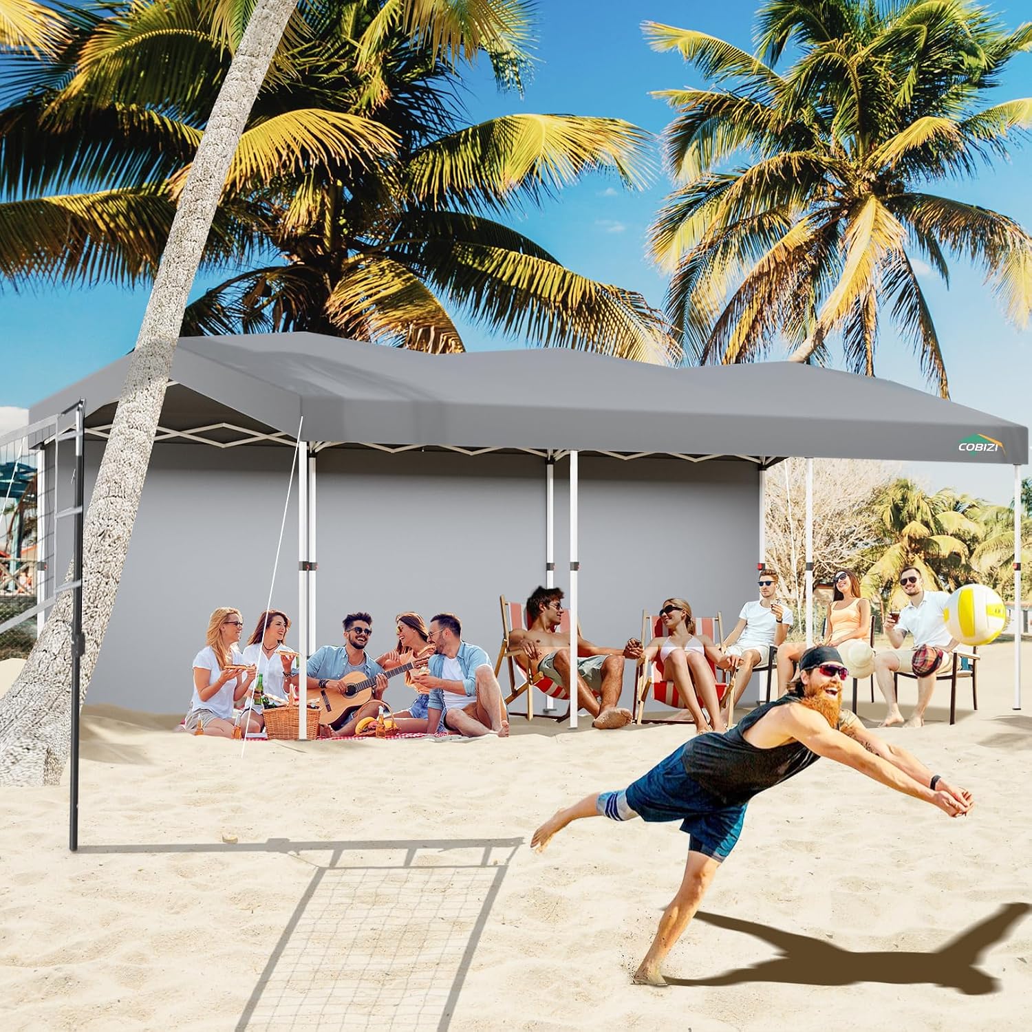 COBIZI 10x30 Pop Up Canopy with One Button Push Center Lock,Ez Up Portable Carport with 3 sidewalls,Waterproof UV50+ Outdoor Party Commercial Carport Canopy Gazebos with Roller Bag(10 x 30 ft Gray)