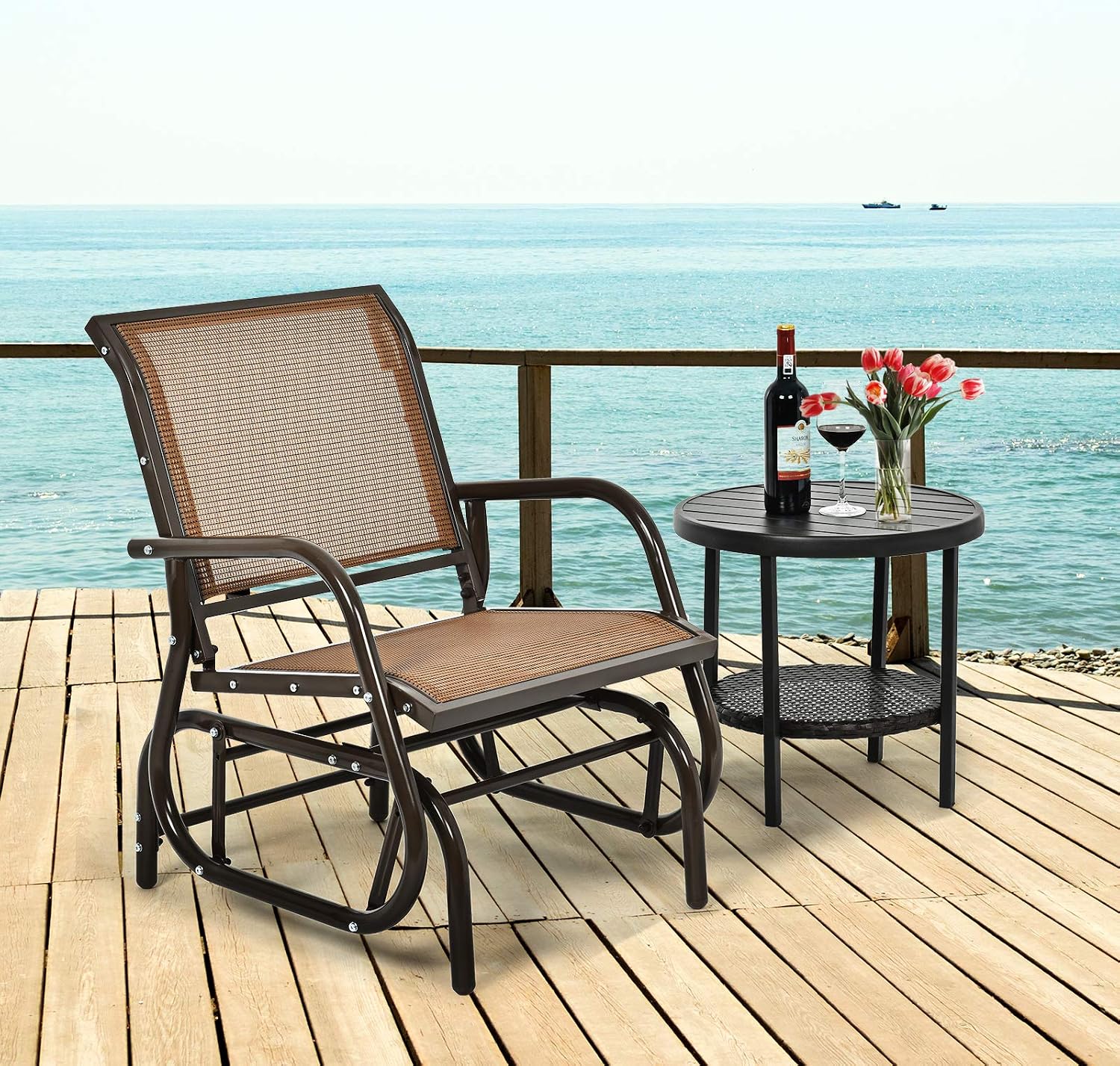 Giantex Swing Glider Chair W/Study Metal Frame Comfortable Patio Chair Love-Seat for Garden, Porch, Backyard, Poolside, Lawn Outdoor Rocking Chair (2, Brown)