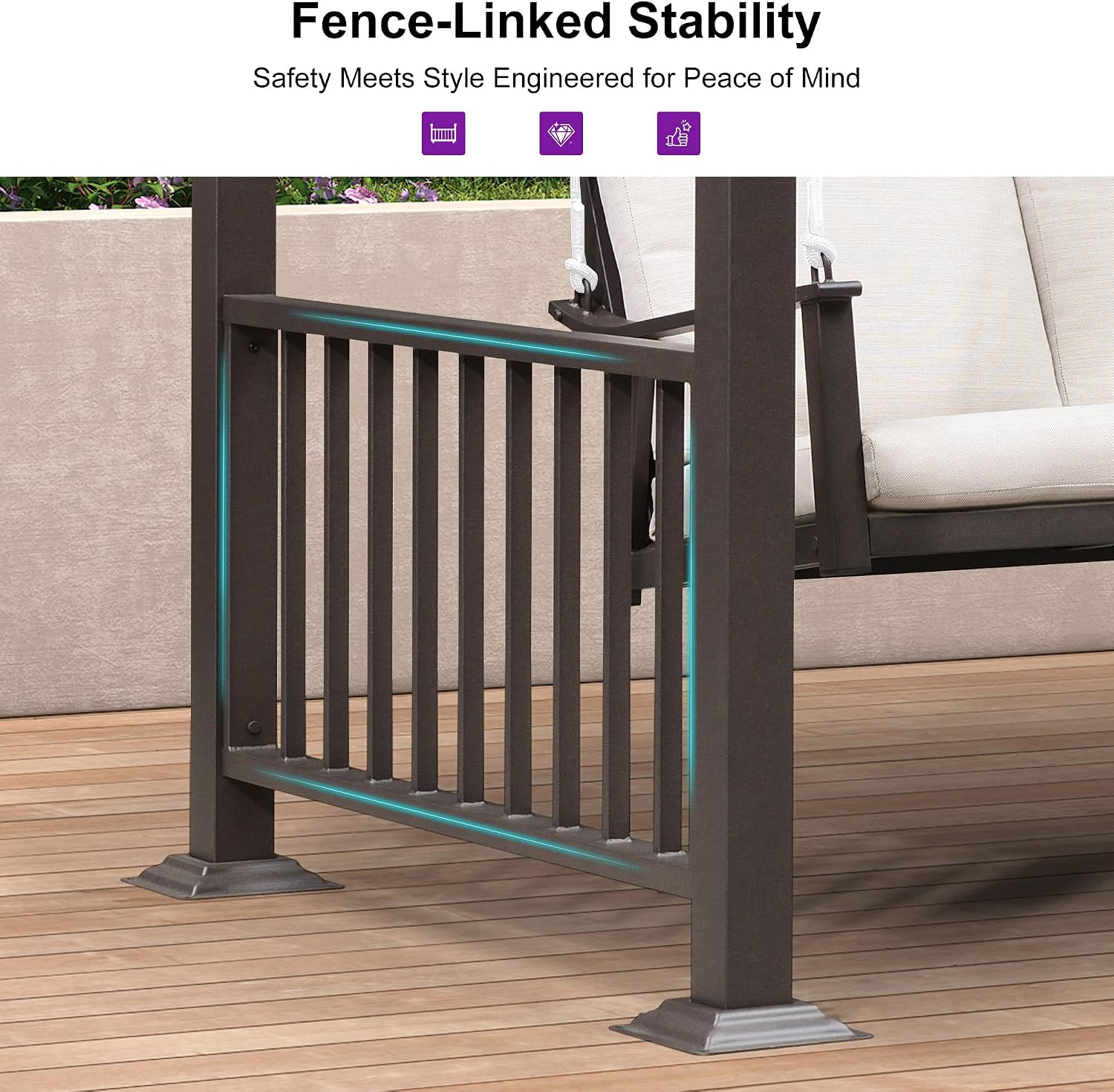 PURPLE LEAF 3-Seat Porch Swing Outdoor Metal Pergola Swing Bed Hanging Cloud Swing Chair with Stand for Backyard Garden Patio Hammock Swinging, Cushion and Pillows Included, Coffee
