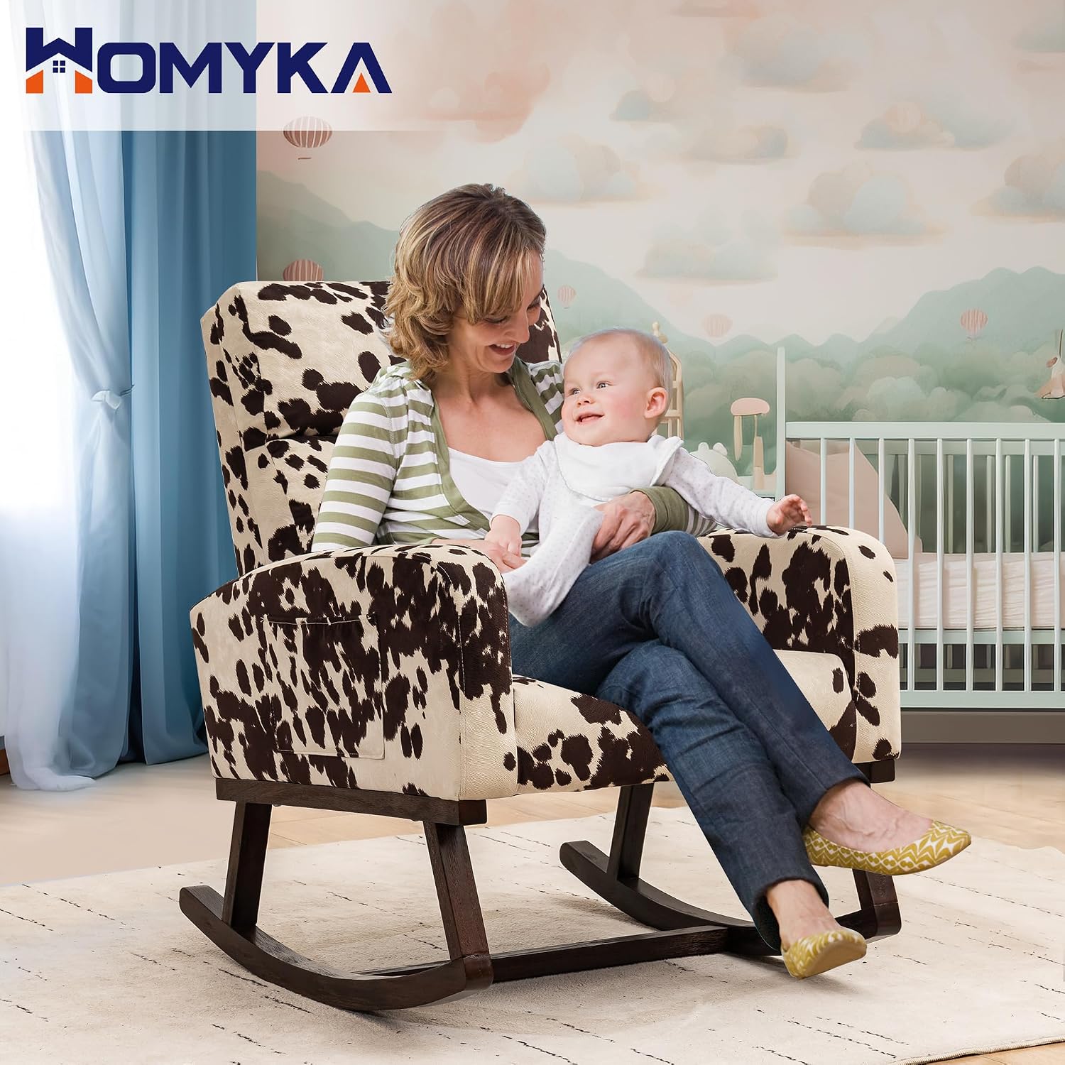 Nursery Rocking Chairs, Cow Printed Fabric Glider Chair Nursery Chair for Mom with High Backrest, Side Pocket and Extended Wood Legs for Bedroom Living Room, Cow