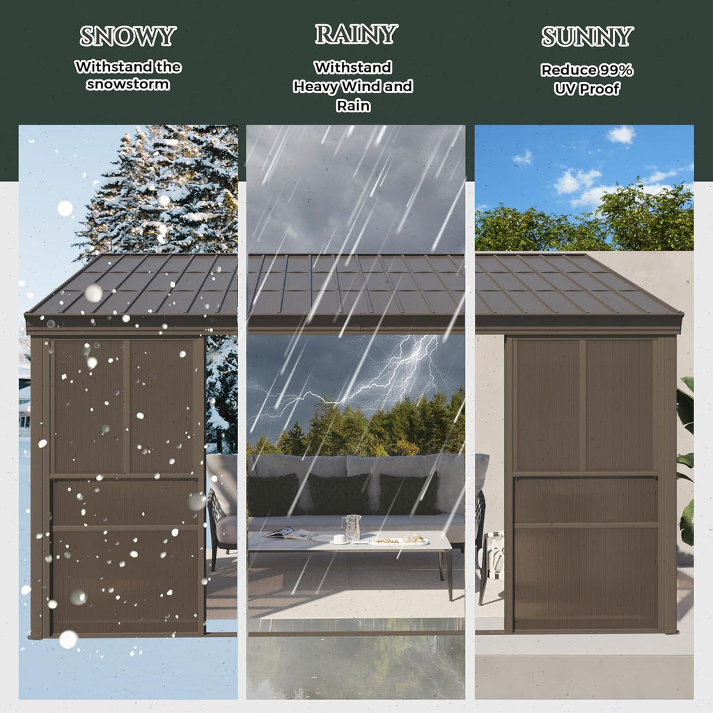 YOLENY 10x14FT Wall Mounted Sunroom, Gazebo Solarium with Front Door, Both Side Entrance, Galvanized Steel Sloping Roof, Removable PC Screen, Outdoor Permanent Sun Room Lean to Gazebo for Deck Patio