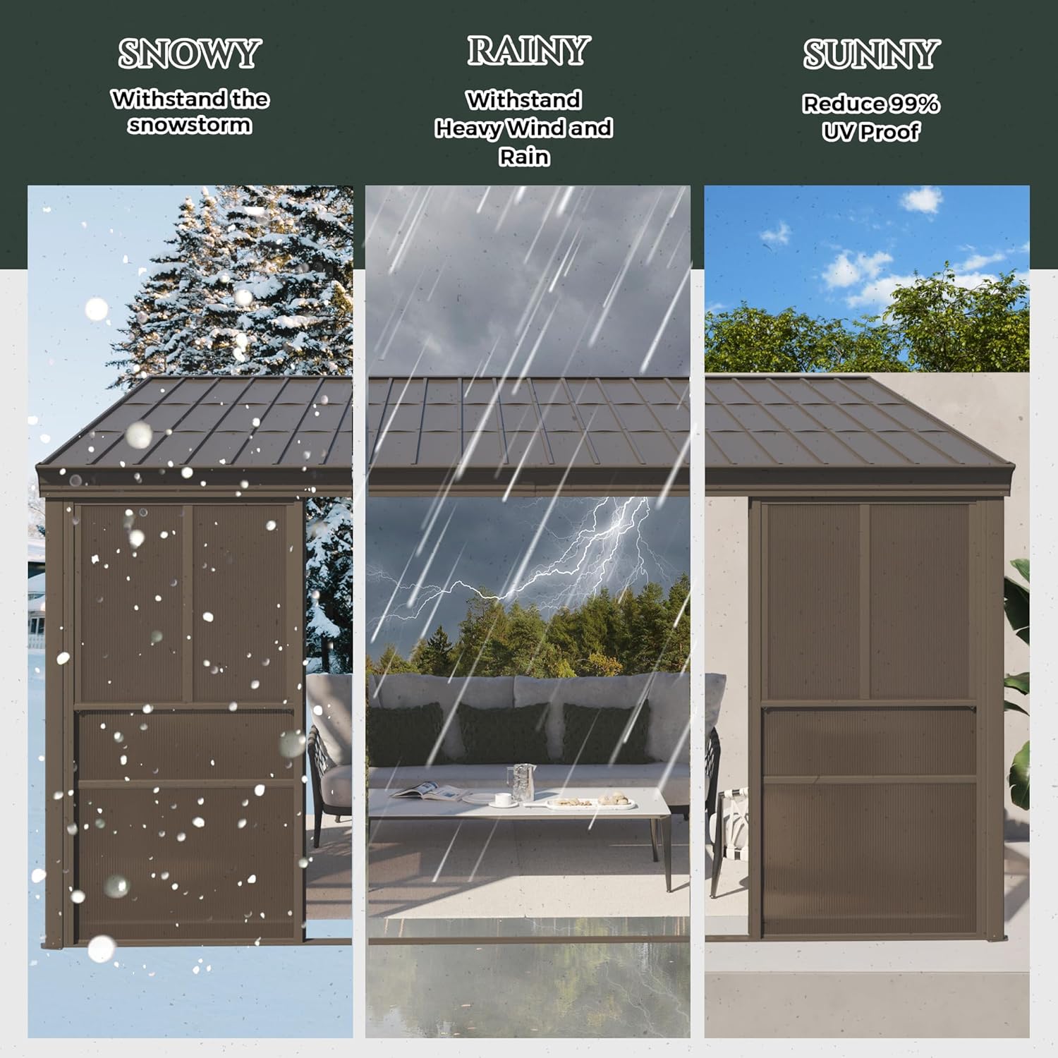 YOLENY 10x14FT Wall Mounted Sunroom, Gazebo Solarium with Front Door, Both Side Entrance, Galvanized Steel Sloping Roof, Removable PC Screen, Outdoor Permanent Sun Room Lean to Gazebo for Deck Patio