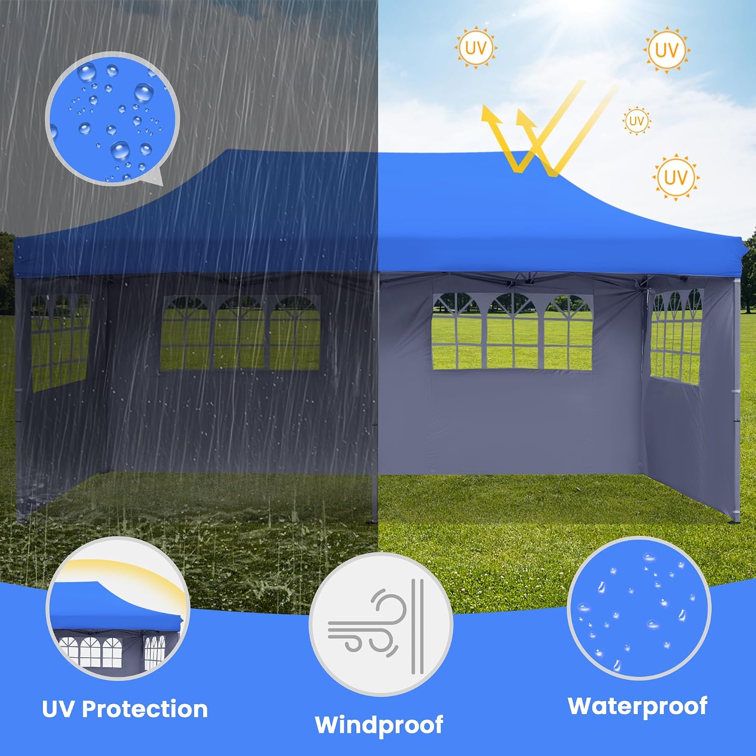 GDY 10'x20' Pop Up Canopy, Folding Party Tent with 4-Panel Removable Sidewalls, Heavy Duty Outdoor Commercial Instant Gazebo with Wheeled Bag, Blue.