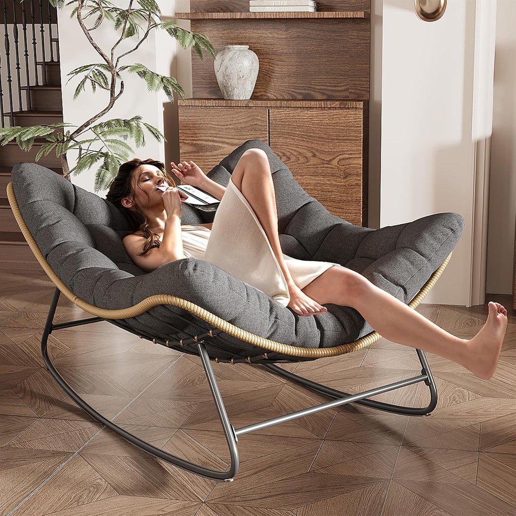 Outdoor Rocking Chair, Indoor Papasan Chair, Oversized Egg Rocking Chair with Thick Cushion, Rattan Wicker Rocker Lounge Chair for Bedroom, Living Room, Patio, Garden, Porch (Dark Grey)