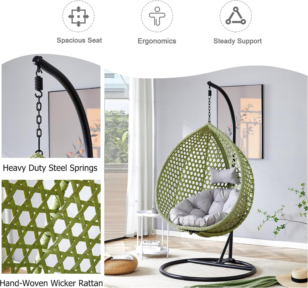 Hanging Egg Swing Chair with Stand, Rattan Wicker Hanging Egg Chair Hammock Indoor with Cushions, Swinging Chair for Bedroom Outdoor Patio Balcony Backyard Sunroom Heavy Duty 350LBS, Green