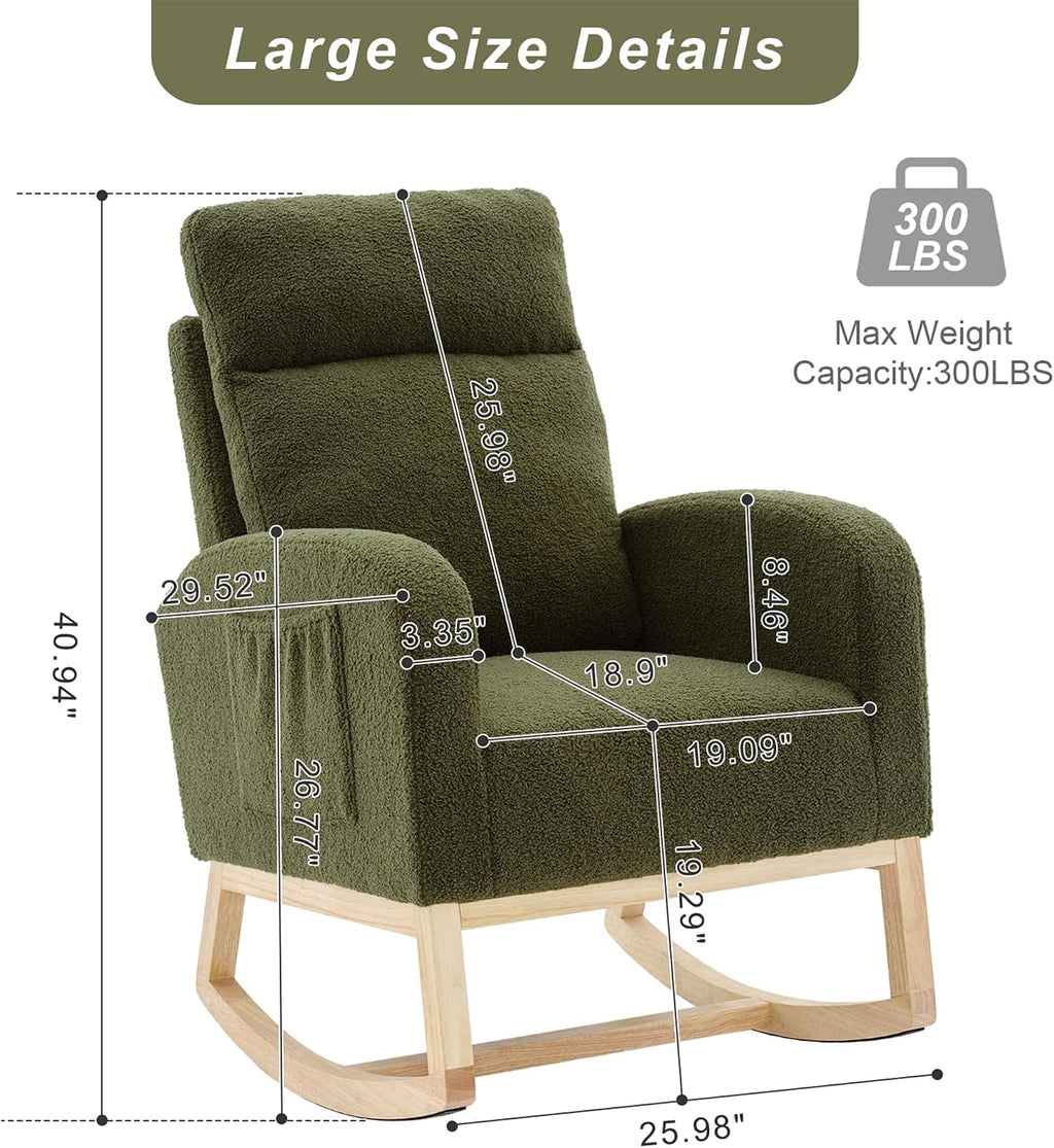 Nursery Rocking Chair with Solid Wood Legs, Glider Chair for Nursery with Side Pocket, Rocker Armchair for Living Room Bedroom (Dark Green, Teddy Fabric)