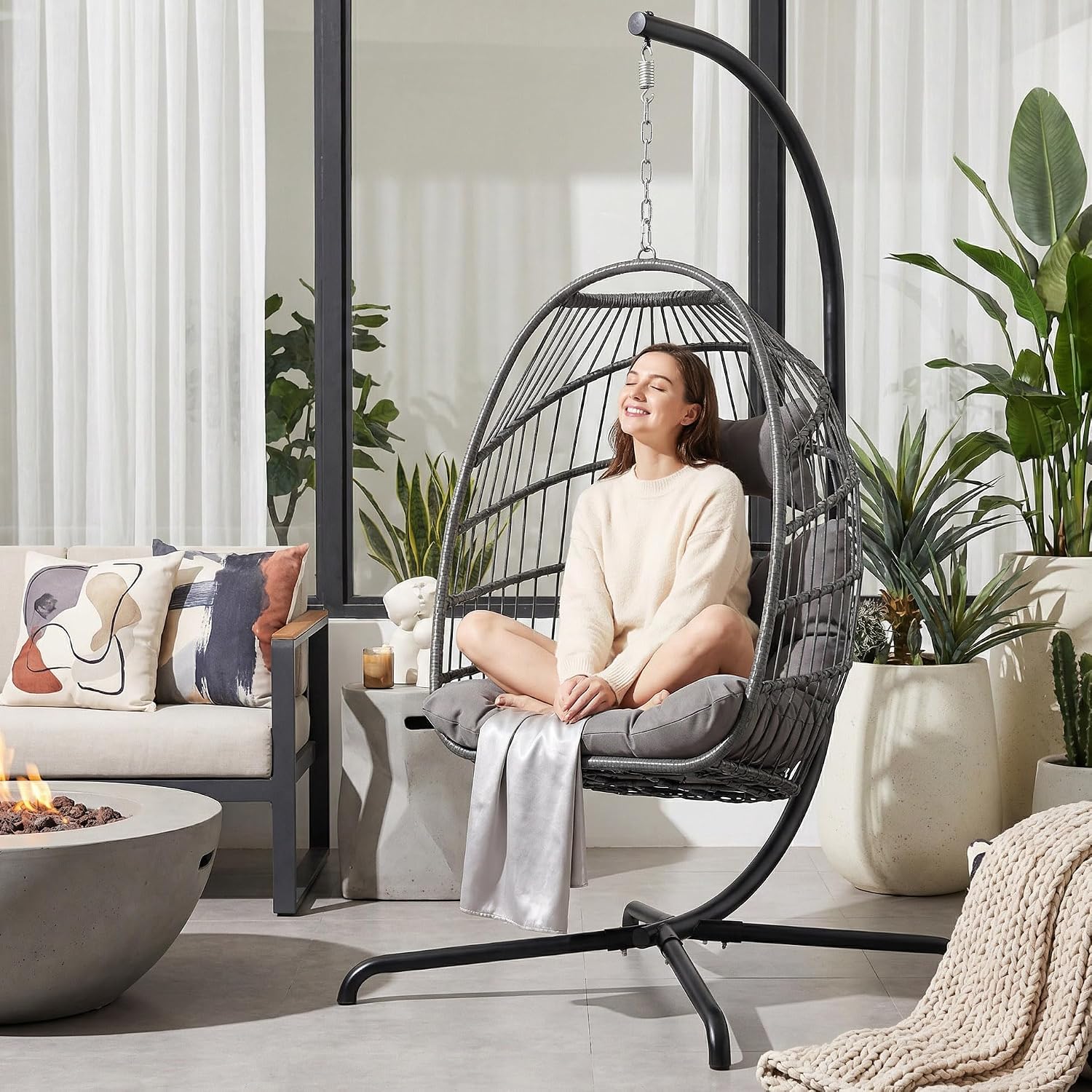 NICESOUL Egg Chair Outdoor Indoor, Cozy Patio Wicker Swing Hanging Chair with Stand, All Weather Hammock Egg Shaped Chairs with Cushions, 350lbs Pounds Sturdy Porch Swing for Backyard with Cover