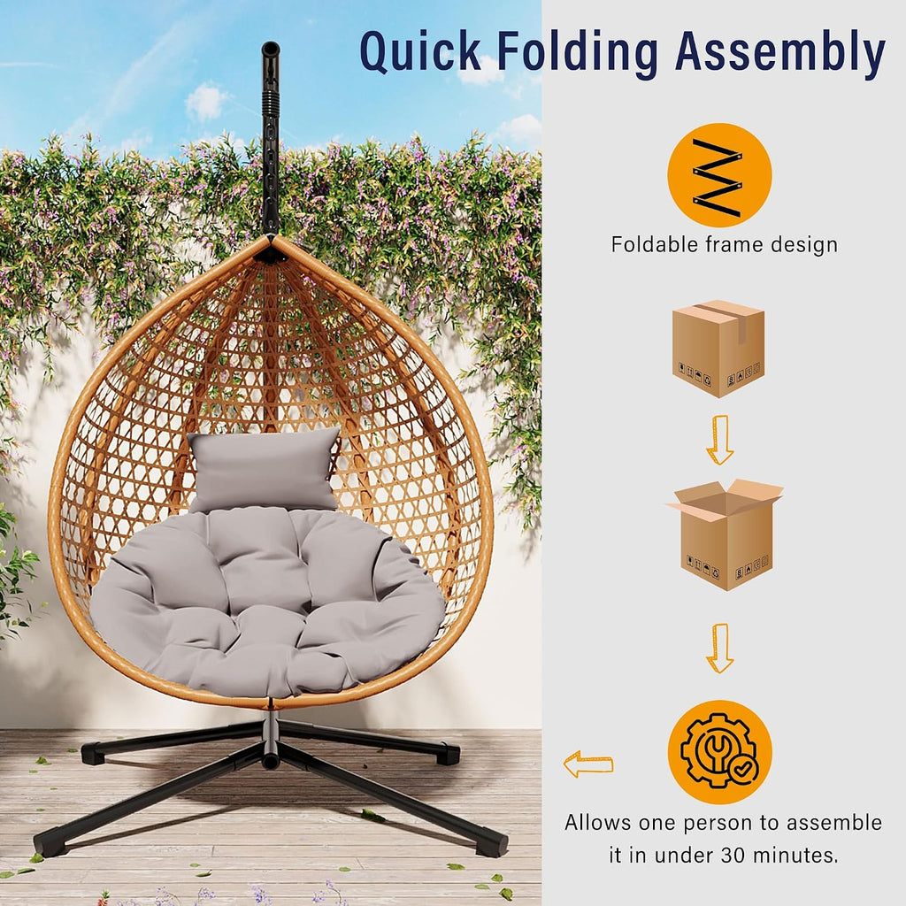 Polibi Hanging Egg Chair with Stand - PE Rattan Indoor Outdoor Swing Chair Heavy Duty 330lbs - Breathable Hollowed Design & Adjustable Headrest - Patio Balcony Garden Lounger,Brown+Yellow+Grey
