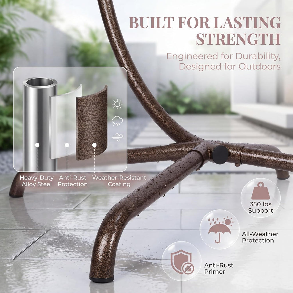 BLUEXYARD Outdoor Hanging Egg Chair with Stand, 350 Lbs Capacity Wicker Rattan Swing Chair with Cozy Cushion, Foldable Weather-Resistant Basket Hammock for Patio Balcony Lawn Bedroom, Brown Tan