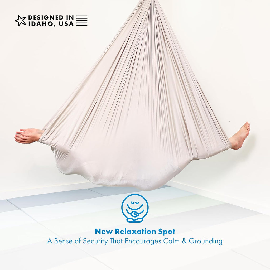Harkla Sensory Swing for Kids & Adults - Holds 300lbs, Indoor Outdoor Sensory Swing for Hug Like Calming Effect - Durable Soft Stretch Fabric and Heavy Duty Hardware (Gray, 100' Swing + 5' Swivel)