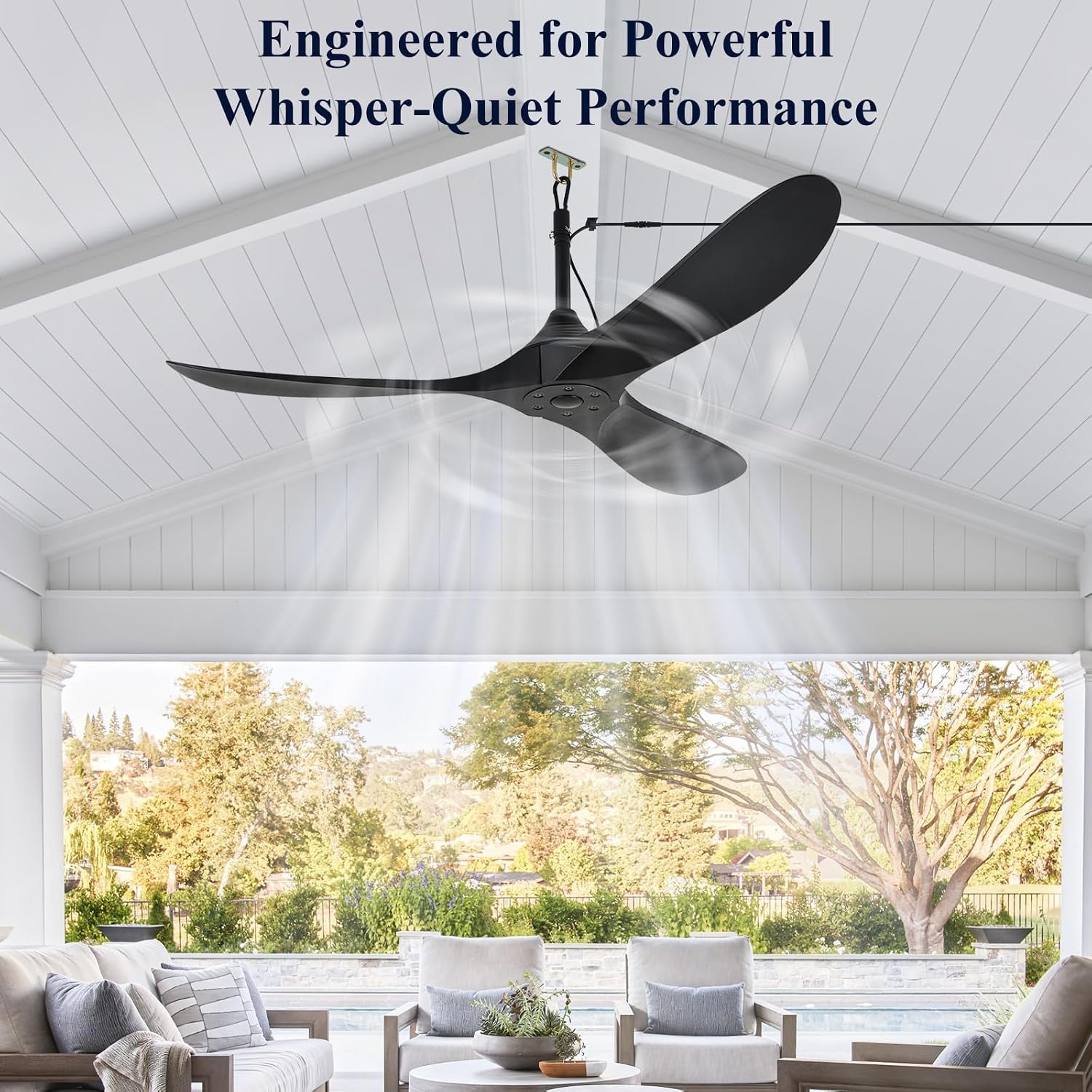 52 inch Outdoor Ceiling Fan no Light Waterproof - Plug in Hanging Hook for Patio, Porch, Gazebo - Wet Rated Weatherproof Exterior Black 3 Blades Ceiling Fan with Remote