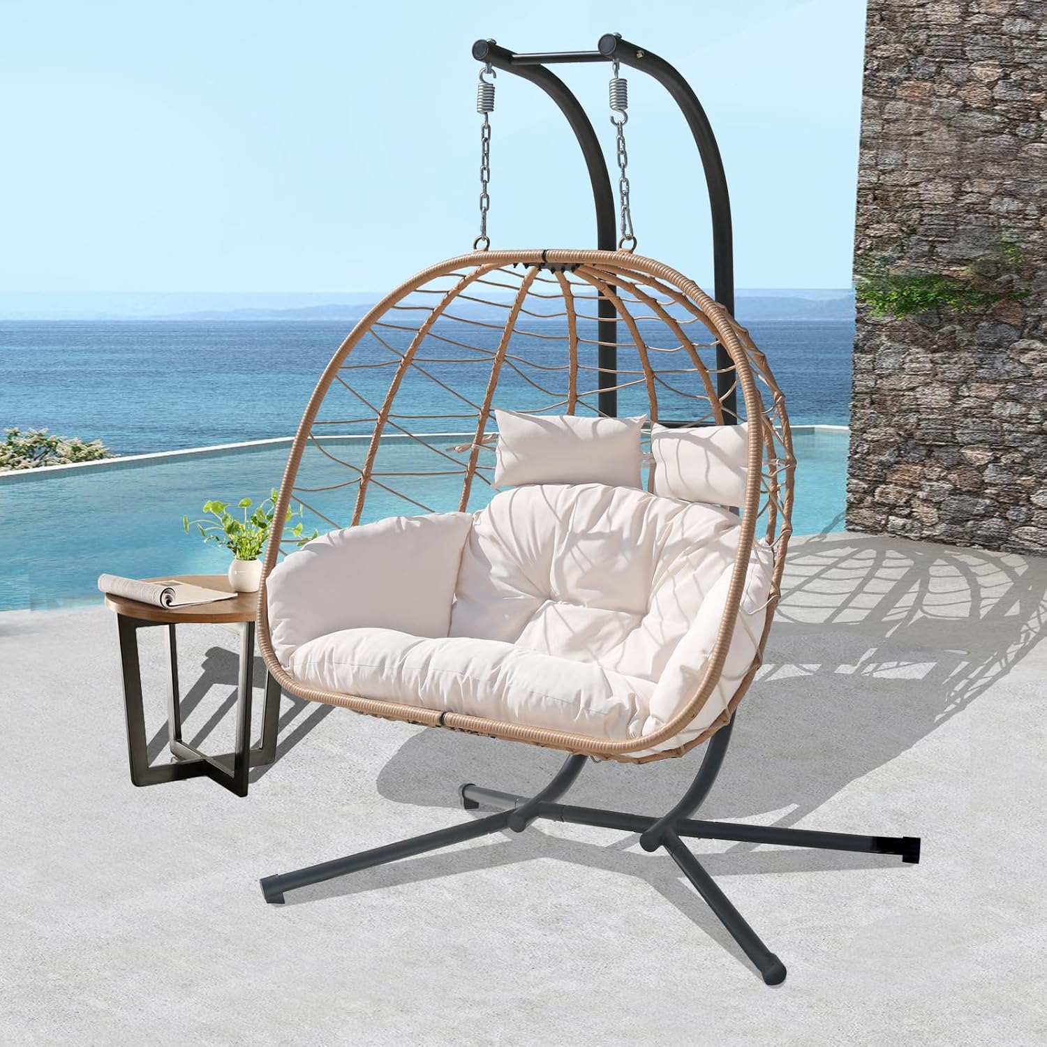 Double Hammock Egg Chair 2 Person Egg Chair Indoor Outdoor Swing with Stand Patio Wicker Hanging Chair Widened and Enlarged for Balcony Bedroom Porch Adults Kids