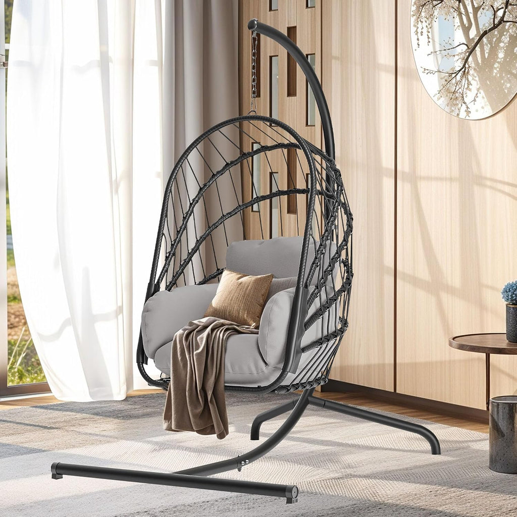 DWVO Wicker Swing Egg Chair 300lbs Capacity - Foldable Hanging Hammock with Cushions & Stand, Indoor/Outdoor Patio Swing Chair for Bedroom, Garden, Balcony (Grey)