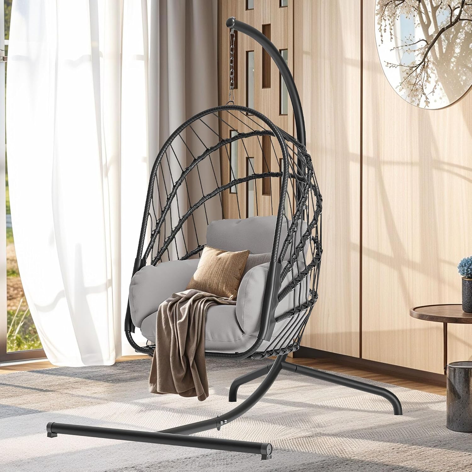 DWVO Wicker Swing Egg Chair 300lbs Capacity - Foldable Hanging Hammock with Cushions & Stand, Indoor/Outdoor Patio Swing Chair for Bedroom, Garden, Balcony (Grey)