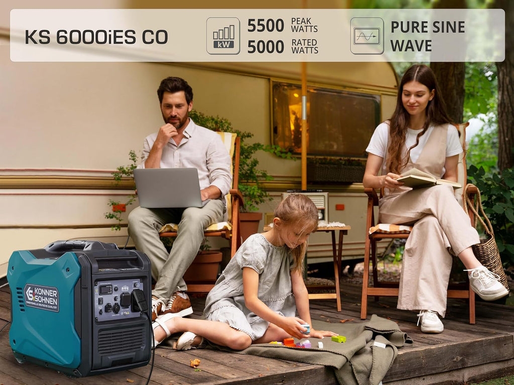 Konner&Sohnen Gas Inverter Generator - 5500 Watt, 120V/240 V, Portable and Lightweight, Super Quiet with Pure Sine Wave and CO Sensor (German brand, model: KS 6000iES CO)