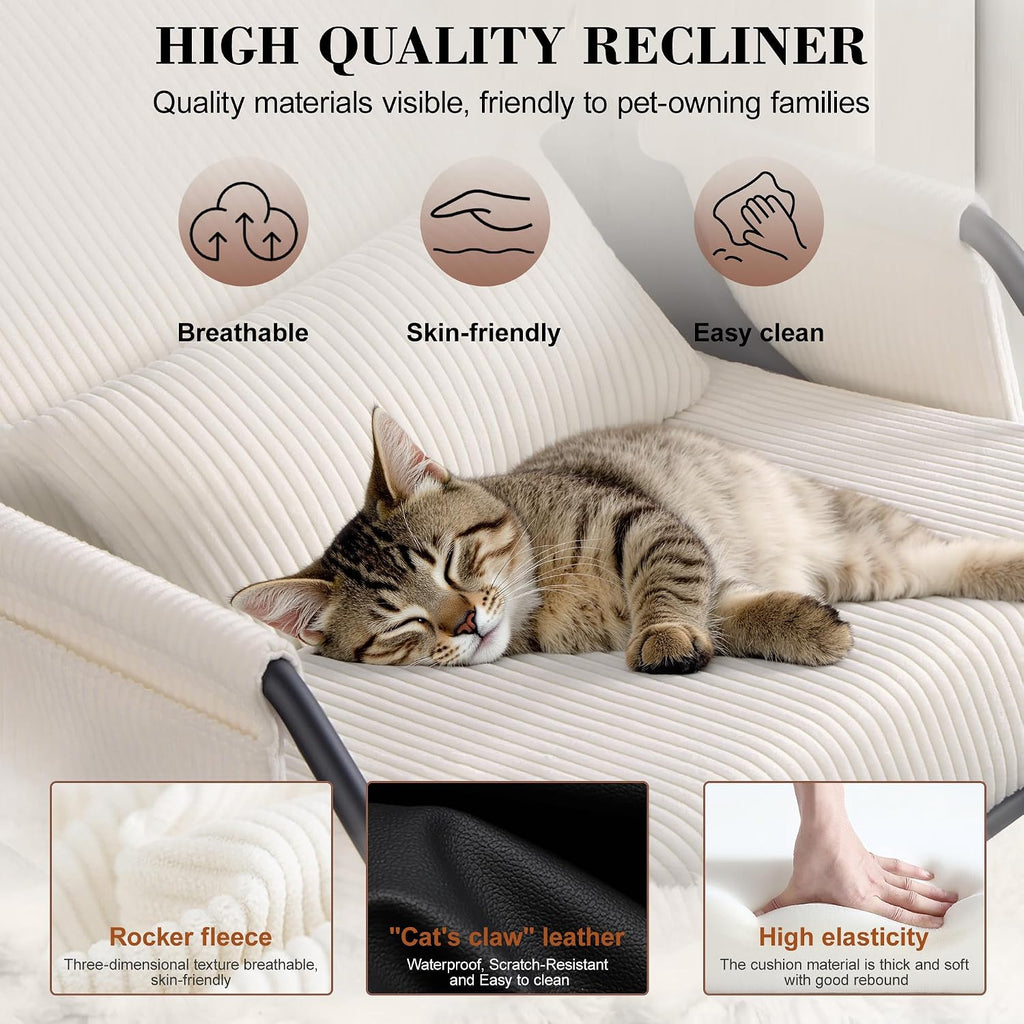 FelixKing Rocking Chair Nursery, Low-Seat Glider Chair, Upholstered Rocking Chair with Side Pocket and Foot Rest, Comfortable Modern Accent Armchair Recliner for Mom Nursery Living Room Bedroom Beige