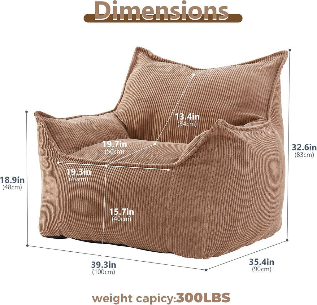 EBENCHICO Giant Bean Bag Chair Sofa for Adults Teens, Comfy Corduroy Large Bean Bag Chairs with Armrests for Bedroom Living Room, Adult BeanBag Lazy Sofa Couch Chairs with Filler Included