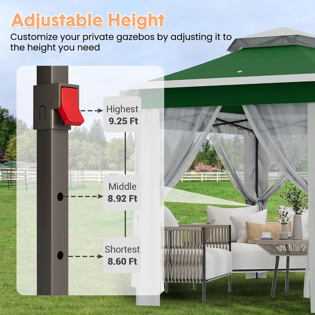 13'x13' Pop Up Gazebo with Mosquito Netting, Canopy Tent with Portable Carry Bag, Outdoor Gazebo for Backyard & Patio Furniture, Double-Layer Outdoor Pergola for Lawn, Garden, Green