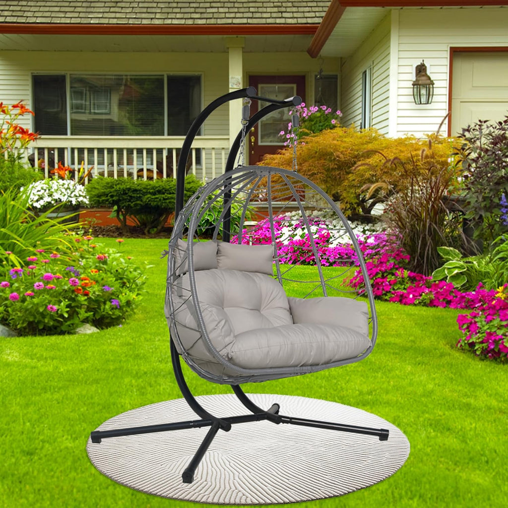 Double Egg Chair with Stand Patio Love Seats Chair w/Cushion Outdoor Waterproof Hanging Swing Wicker Rattan Basket (Double Gray)