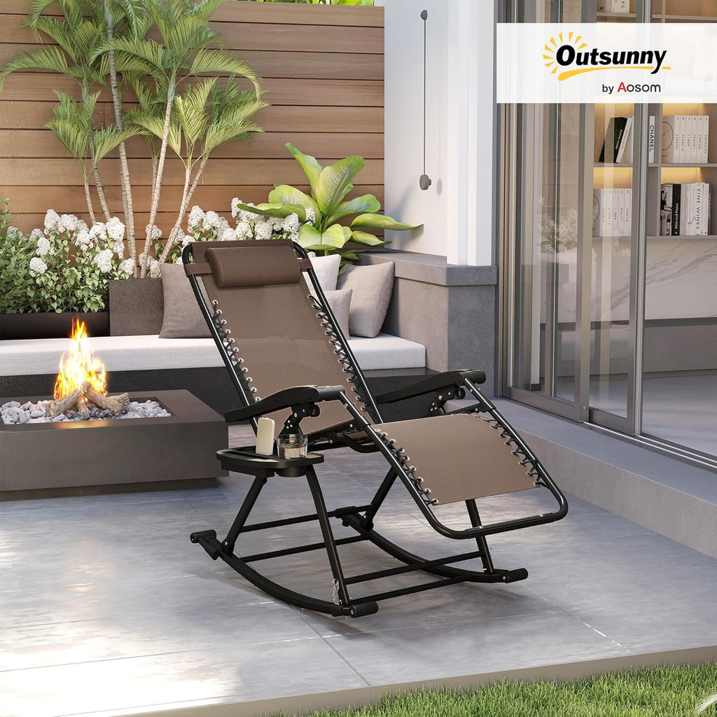 Outsunny Outdoor Rocking Chairs, Foldable Reclining Zero Gravity Lounge Rocker with Pillow, Cup & Phone Holder, Combo Design with Folding Legs, Brown