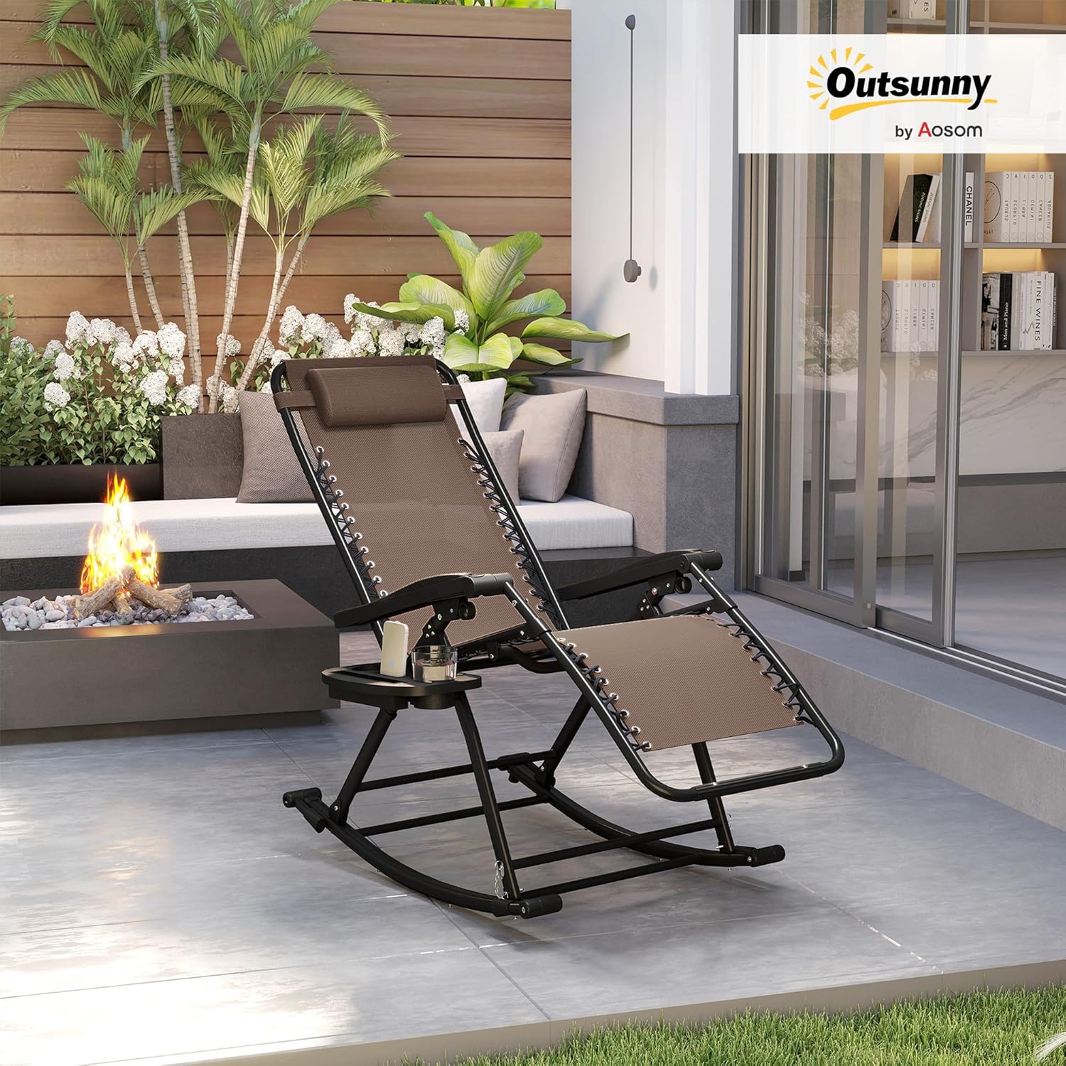 Outsunny Outdoor Rocking Chairs, Foldable Reclining Zero Gravity Lounge Rocker with Pillow, Cup & Phone Holder, Combo Design with Folding Legs, Brown