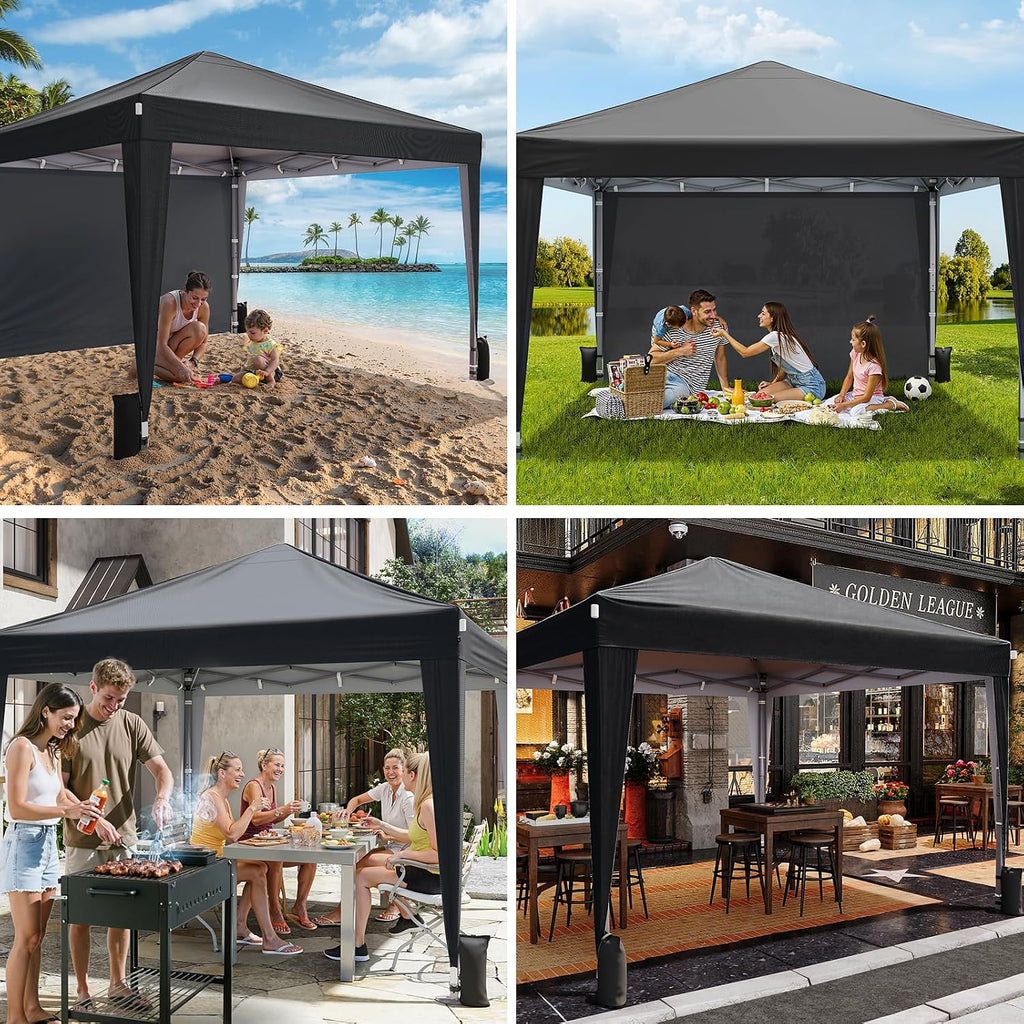 Driftalia 10x10 Pop Up Canopy with Sidewalls, Outdoor Instant Canopy Tent with Carry Bag for Commercial Events, Camping, Backyard Parties - Black