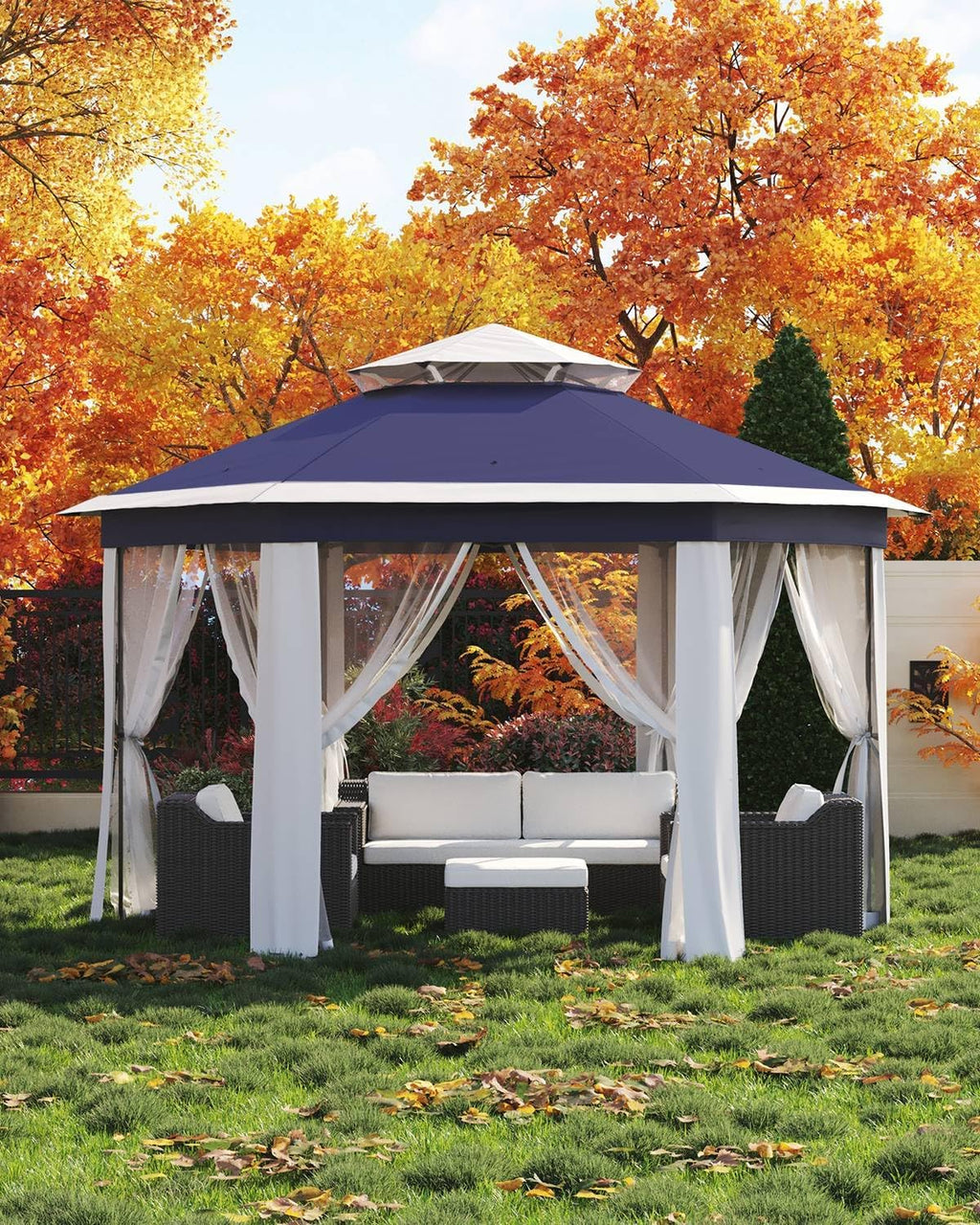Pop Up Gazebo 13x13, Outside Canopy Tent-6 Side with Mosquito Netting, One Push Setup for Backyard Patio Garden Activities-Blue