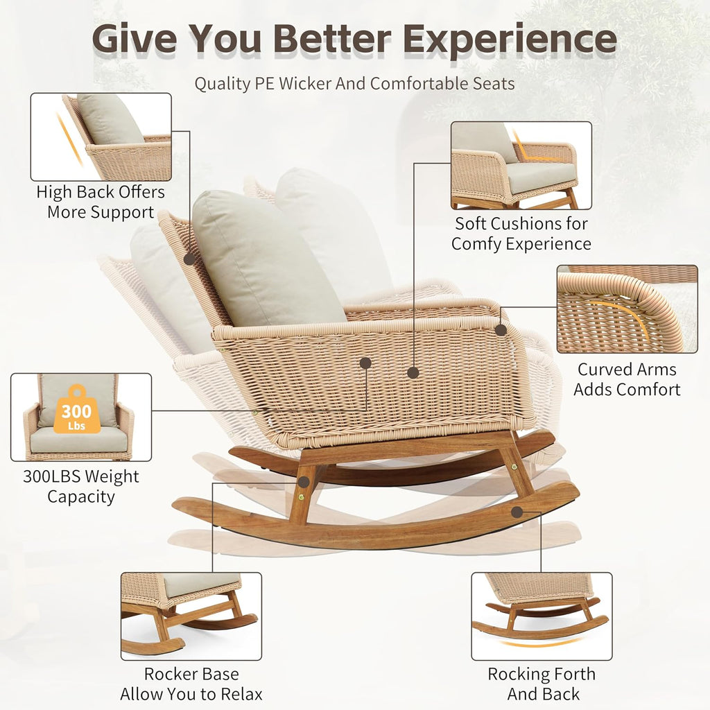 Christopher Knight Home Nadine Patio Rocking Chair, Wicker Rocker, Wood Leg Rocking Chair, PE Rattan Wicker Chair, Rocking Chair with Cushions, Comfort Wicker Rocker for Backyard Balcony Porch, Beige