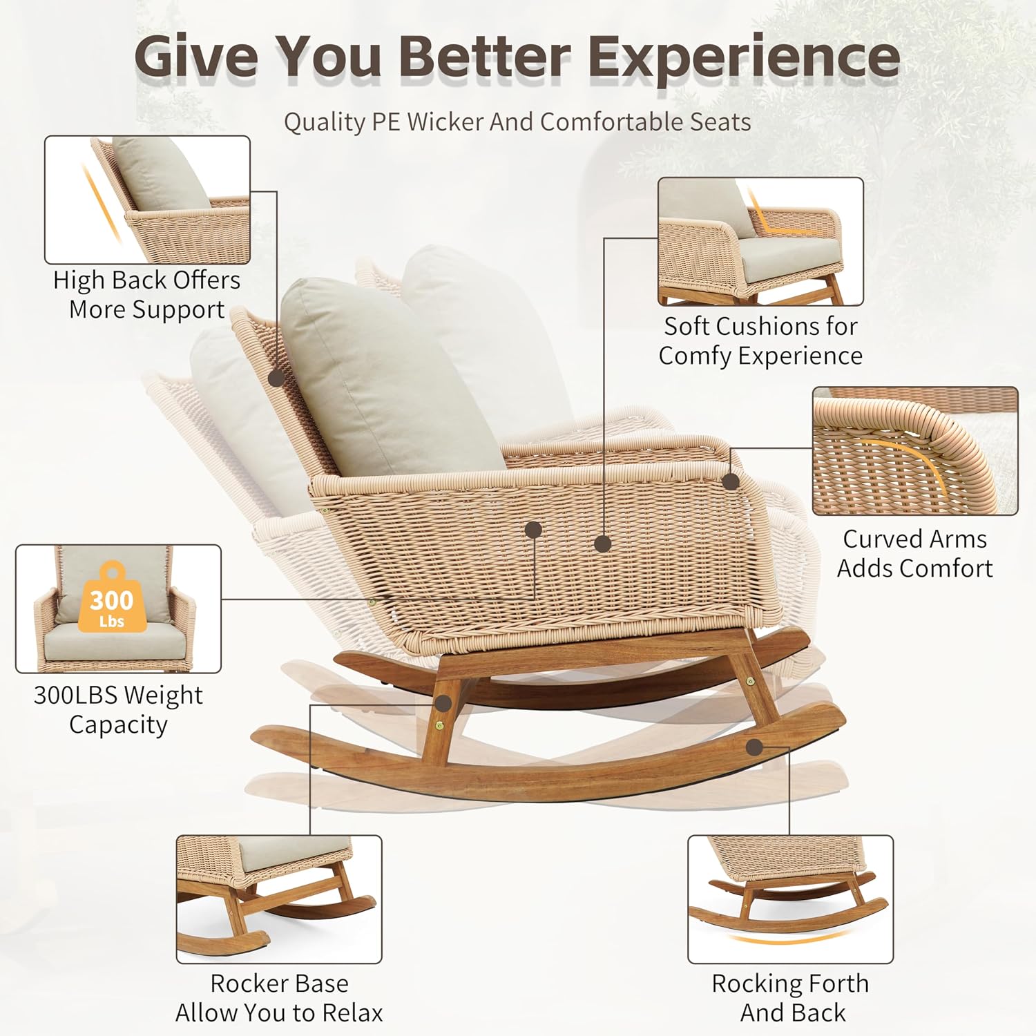 Christopher Knight Home Nadine Patio Rocking Chair, Wicker Rocker, Wood Leg Rocking Chair, PE Rattan Wicker Chair, Rocking Chair with Cushions, Comfort Wicker Rocker for Backyard Balcony Porch, Beige