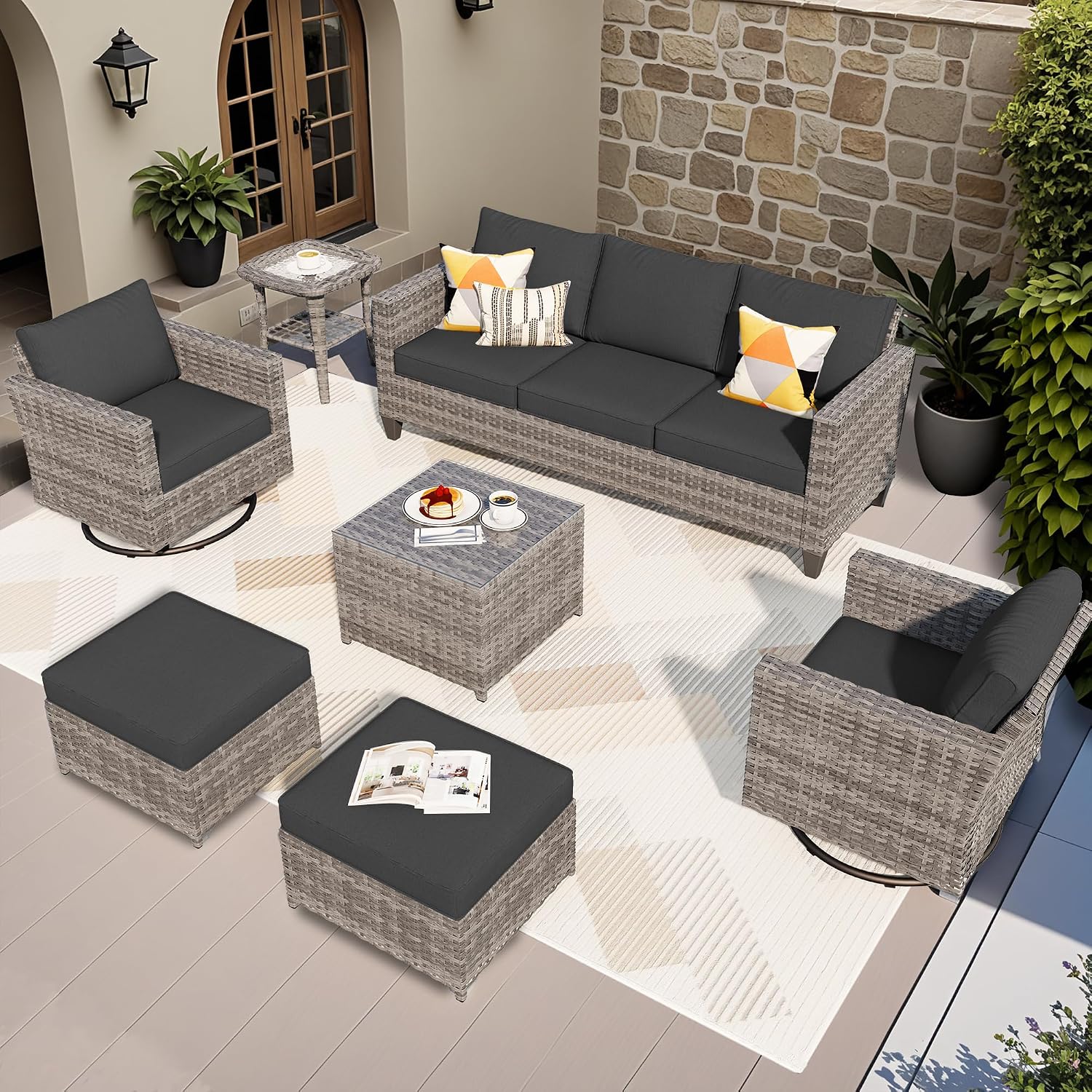 ovios 7-Pieces Patio Furniture Set, Outdoor Wicker Sofa Couch with Swivel Glider Chairs Glass Table Comfy Cushions Modern Conversation Set for Backyard Porch, Black