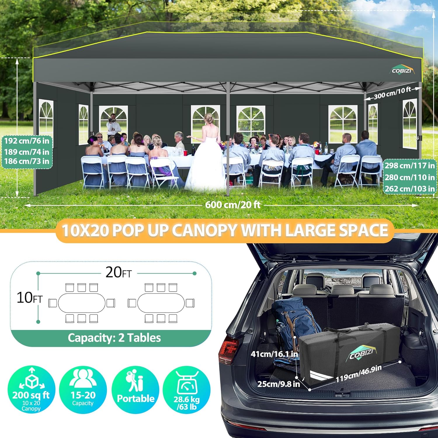 COBIZI 10x20 Pop Up Canopy with 6 Sidewalls One Push Setup Outdoor Event Shelter Waterproof UPF 50+ Gazebo Tent with Carry Bag,Air Vent,Sandbag for Commercial, Wedding, Party,Grey