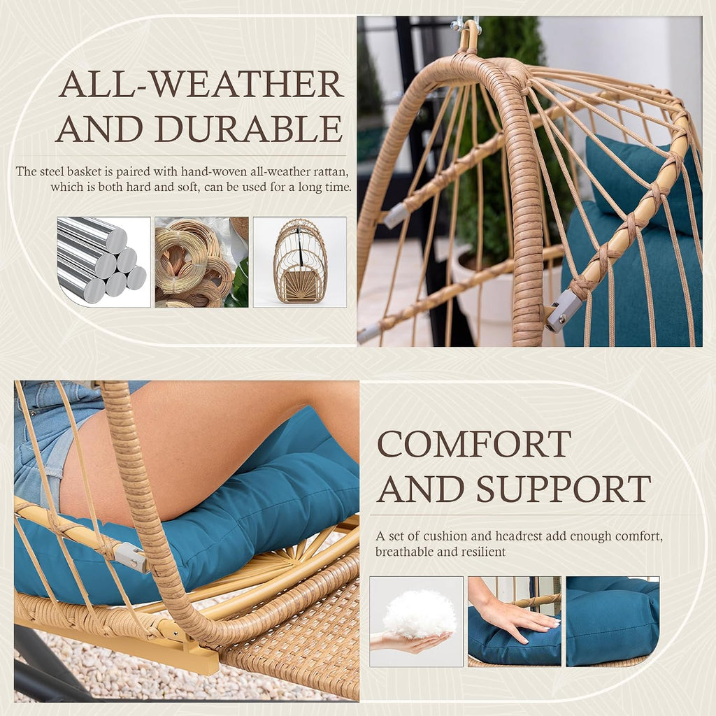 Yechen Hanging Egg Chair with Stand & Footrest, Foldable Wicker Rattan Swing Chair for Indoor Outdoor, Patio Hammock Chair with UV-Resistant Cushion, 350 lbs Capacity for Bedroom Porch Garden