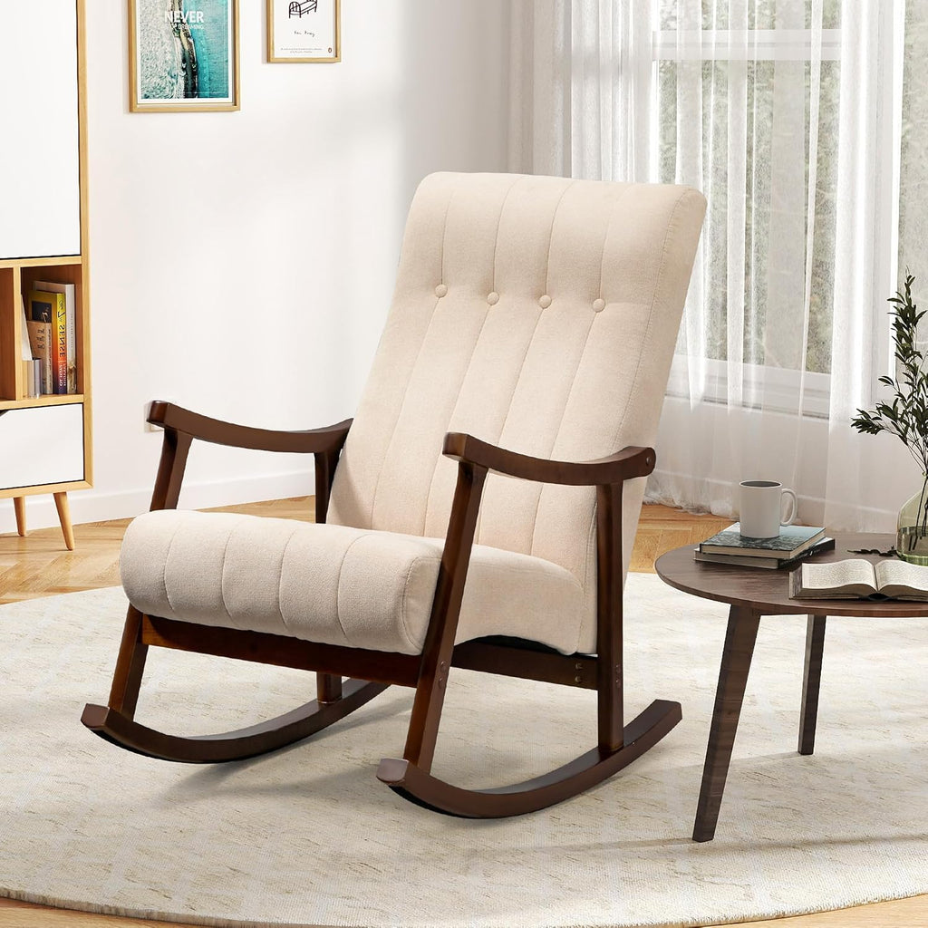 AVAWING Upholstered Rocking Chair with Fabric Padded Seat, Comfortable Rocker Solid Wood for Living Room, Modern High Back Armchair for Adult, Beige