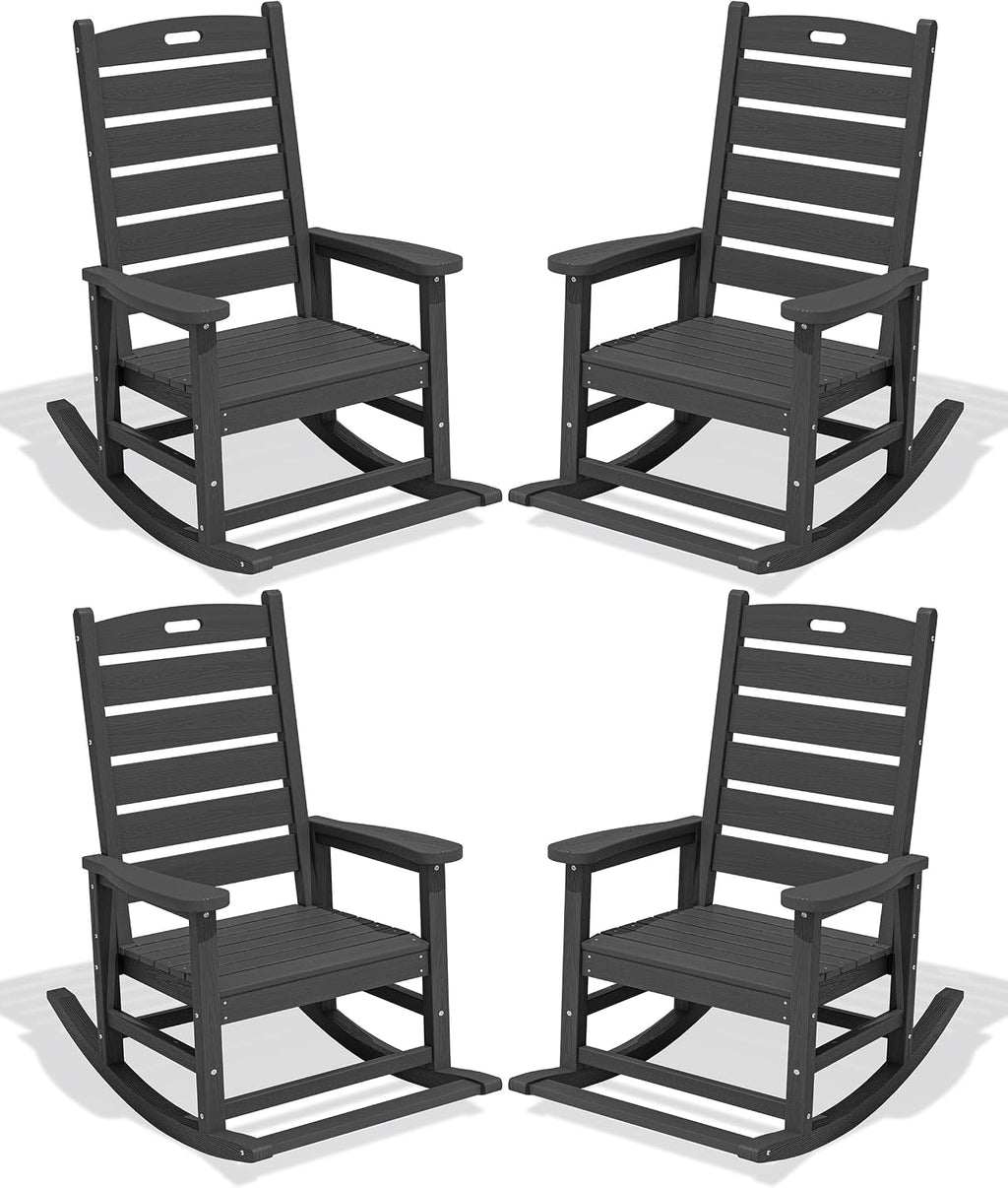 SERWALL Outdoor Rocking Chair Set of 4, Oversized HDPE Patio Rocking Chair with Footrest for Adults, All Weather Porch Rocker for Deck Patio Balcony, Gray