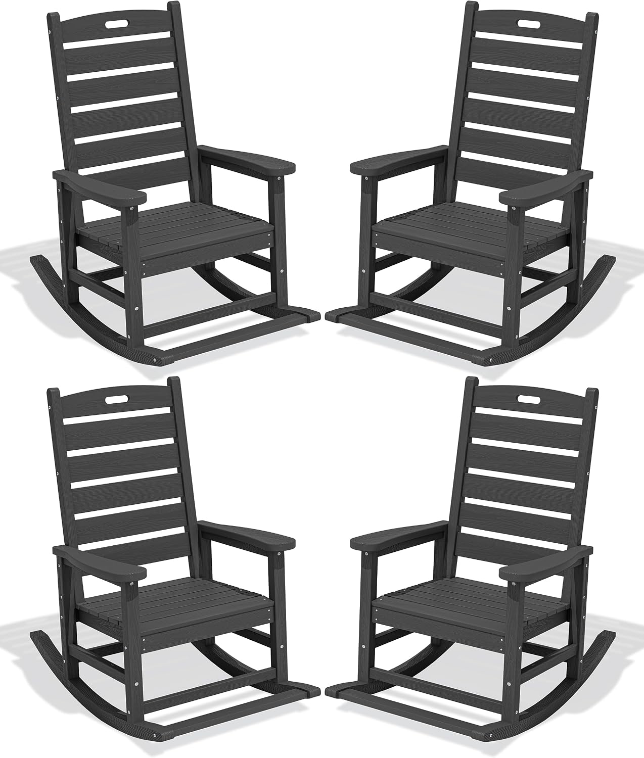 SERWALL Outdoor Rocking Chair Set of 4, Oversized HDPE Patio Rocking Chair with Footrest for Adults, All Weather Porch Rocker for Deck Patio Balcony, Gray