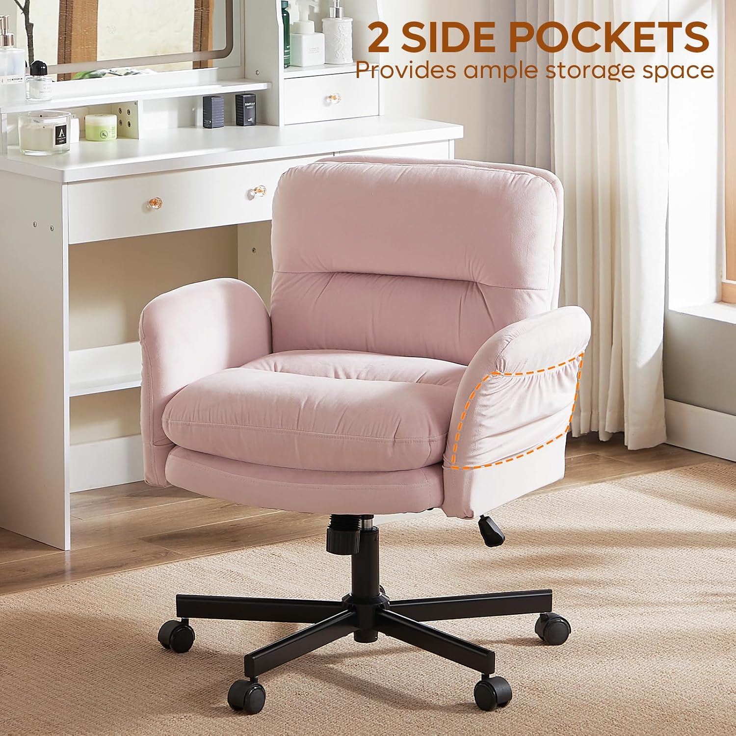 Bestier Criss Cross Chair with Flip-Up Armrests, Swivel Makeup Vanity Chair with Wheels & Side Pockets, Cross Legged Office Chair for Home Office, Bedroom, Pink Velvet