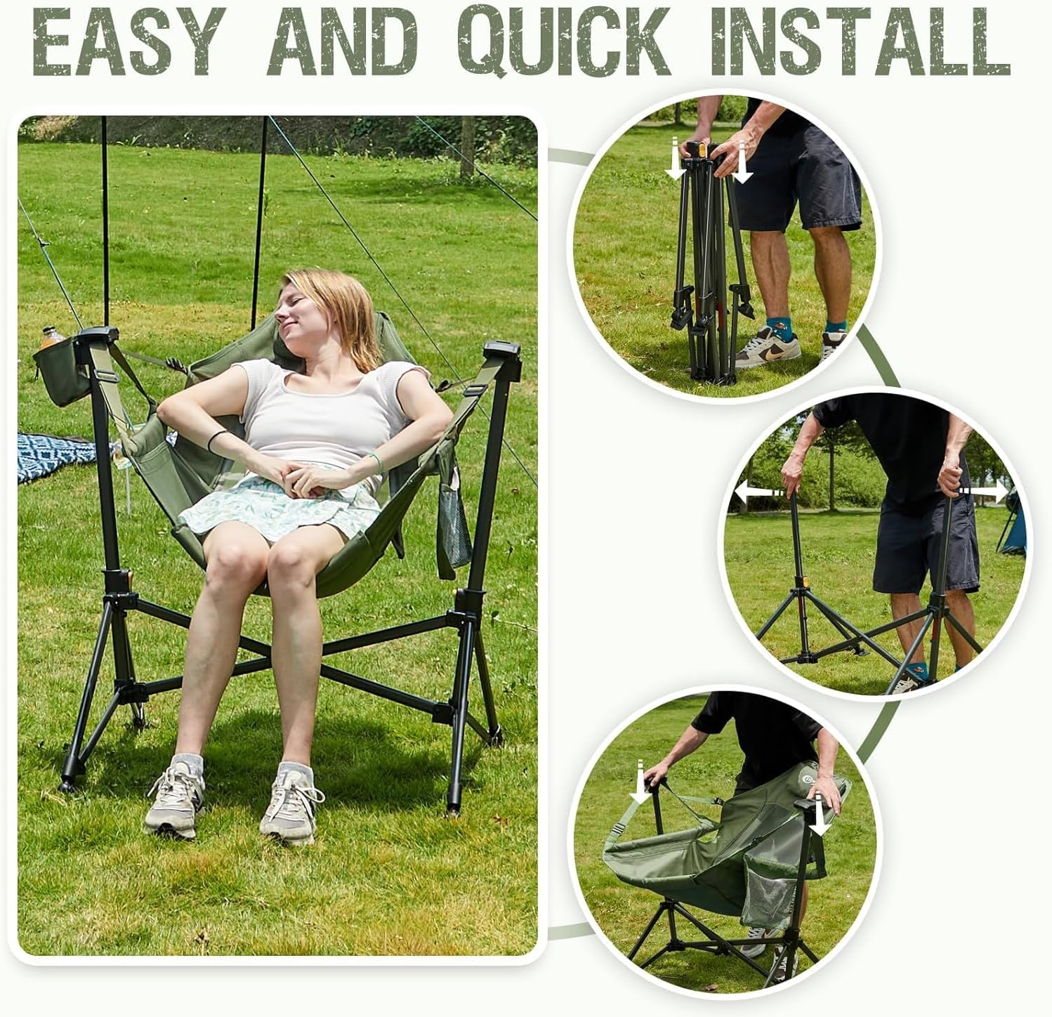 Portal Hammock Camping Chair, Portable Outdoor Swinging Chairs, Rocking Chair for Adults with Adjustable Back and Height for Lawn, Backyard, Patio, Supports 400 lbs, Mesh High Back, Green, 2 Pack