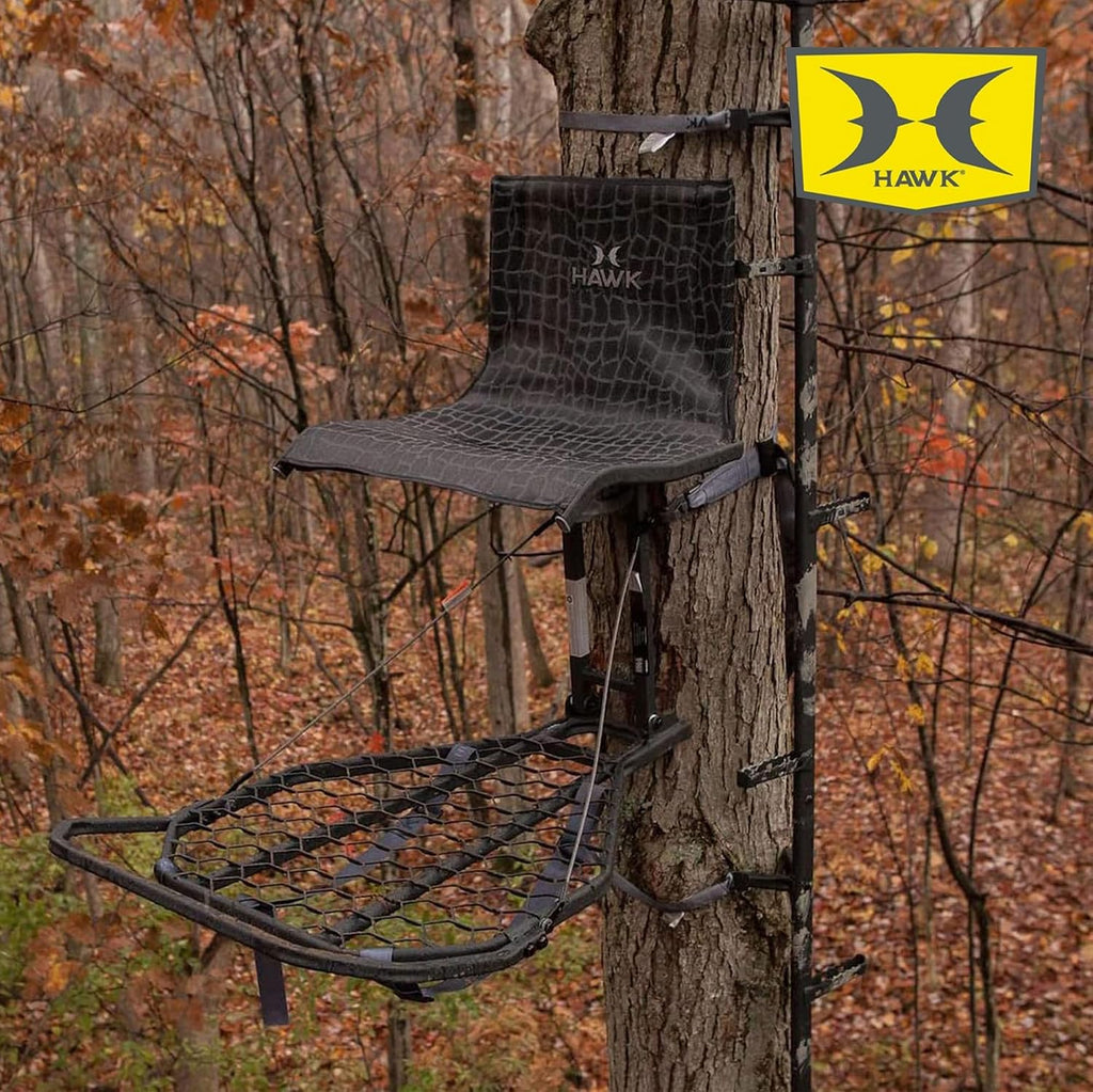 Hawk Kickback LVL Hang-On Deer Hunting Tree Stand, Deer Stand with Kick Back Footrest, XL Comfort Seat and Oversized Platform