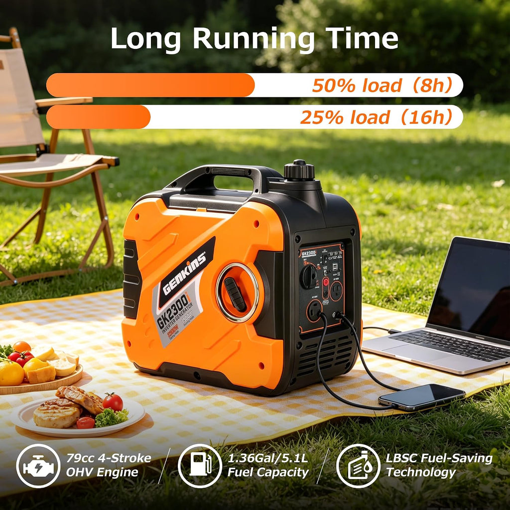 GENKINS Inverter Generator 2300 Watt Portable Generator Gas Powered Ultra Quiet for RV Ready Outdoor Camping Home Backup