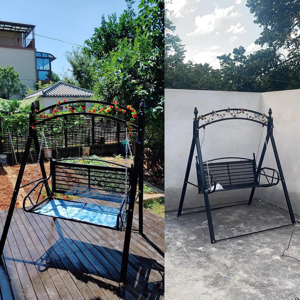 Upgraded Metal Patio Porch Swing with A-Frame Stand Heavy Duty Metal Hanging Porch Swing Chair Patio Hanging Bench Swing with Adjustable Chains for Garden, Balcony, Living Room (Black)