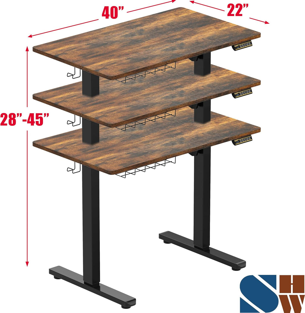 SHW 40 x 22 Inches Electric Height Adjustable Sit to Stand Desk with Hanging Hooks and Cable Management, Black Frame and Rustic Brown Top