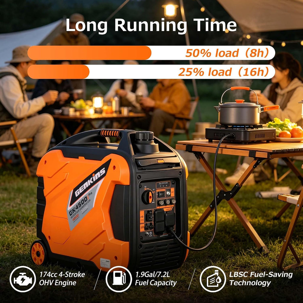 Genkins Portable Inverter Generator 4500W Gas Powered Pure Sine Wave Lightweight Quiet Parallel Capability for Camping RV Home Backup
