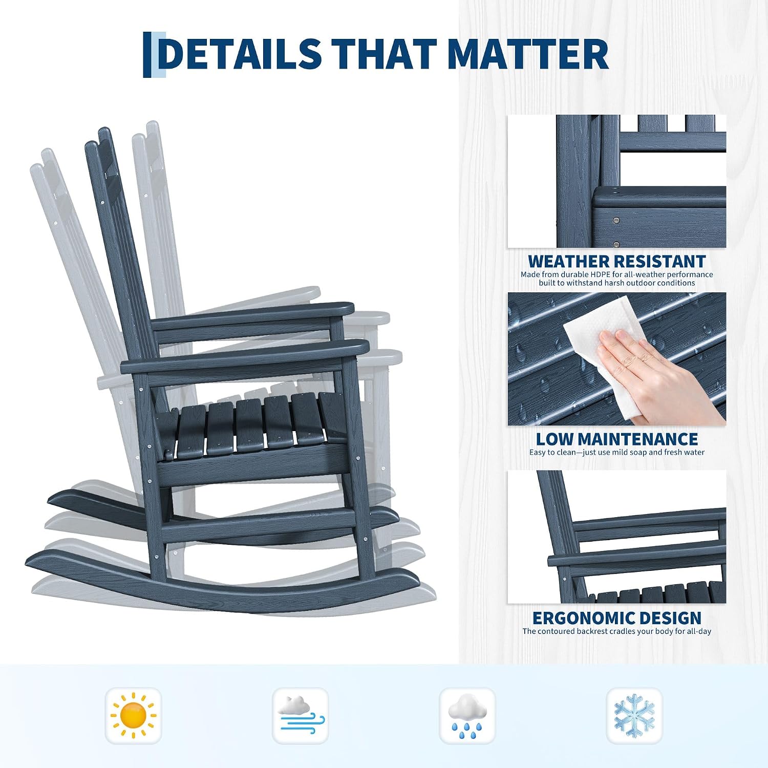 GarveeLife Poly Lumber Rocking Chair Outdoor Set of 2 - HDPE High Back Porch Rocker Chairs for Adults - All Weather Resistant Furniture for Patio - Navy Blue