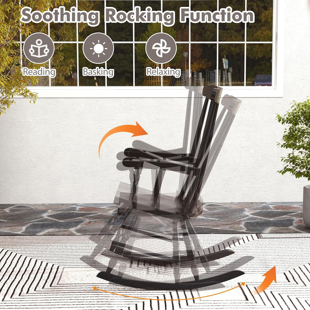 Tangkula Patio Rocking Chair Solid Rubber Wood, Outdoor Porch Rocker Chair with Rubber Wood Frame, Indoor Wooden Rocking Chair, Ideal for Garden, Backyard & Balcony (1, Espresso)