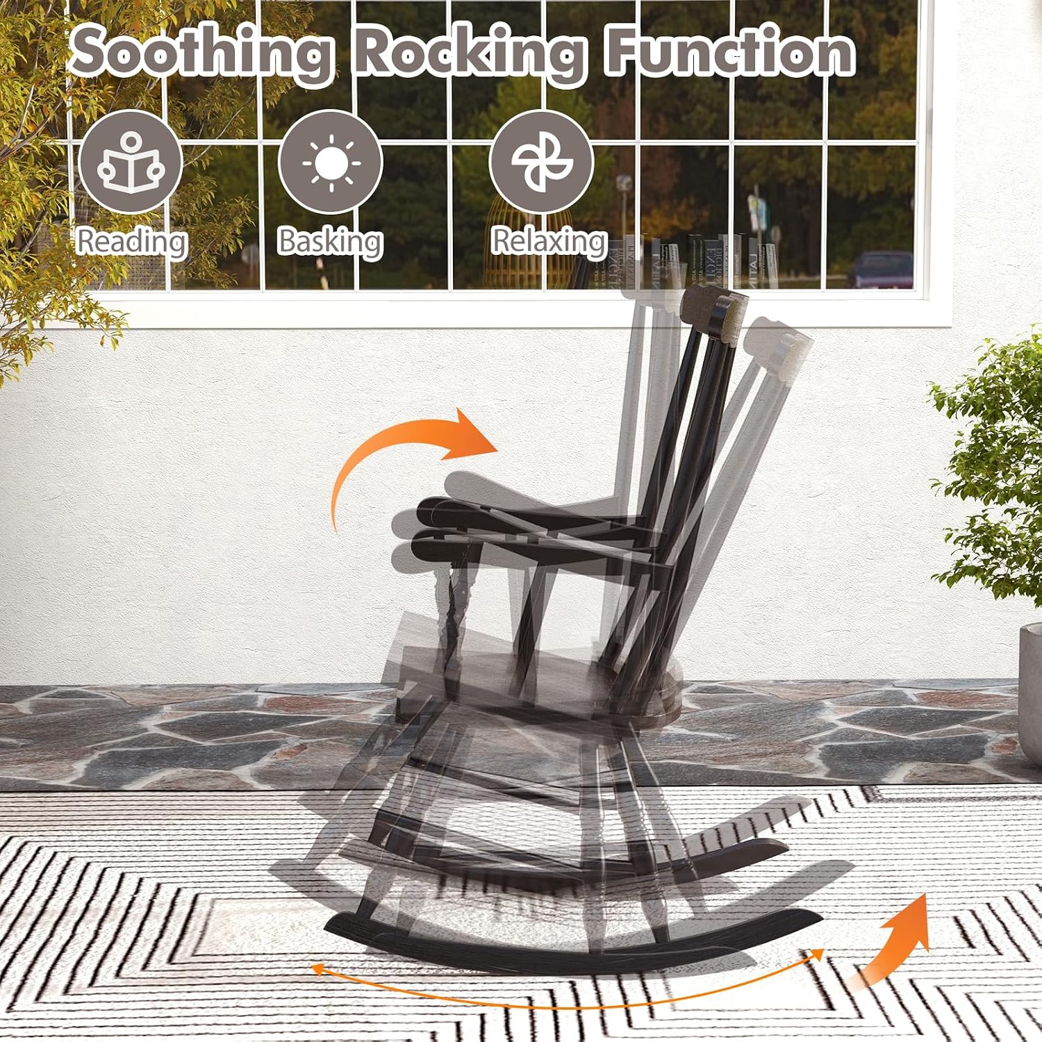 Tangkula Patio Rocking Chair Solid Rubber Wood, Outdoor Porch Rocker Chair with Rubber Wood Frame, Indoor Wooden Rocking Chair, Ideal for Garden, Backyard & Balcony (1, Espresso)